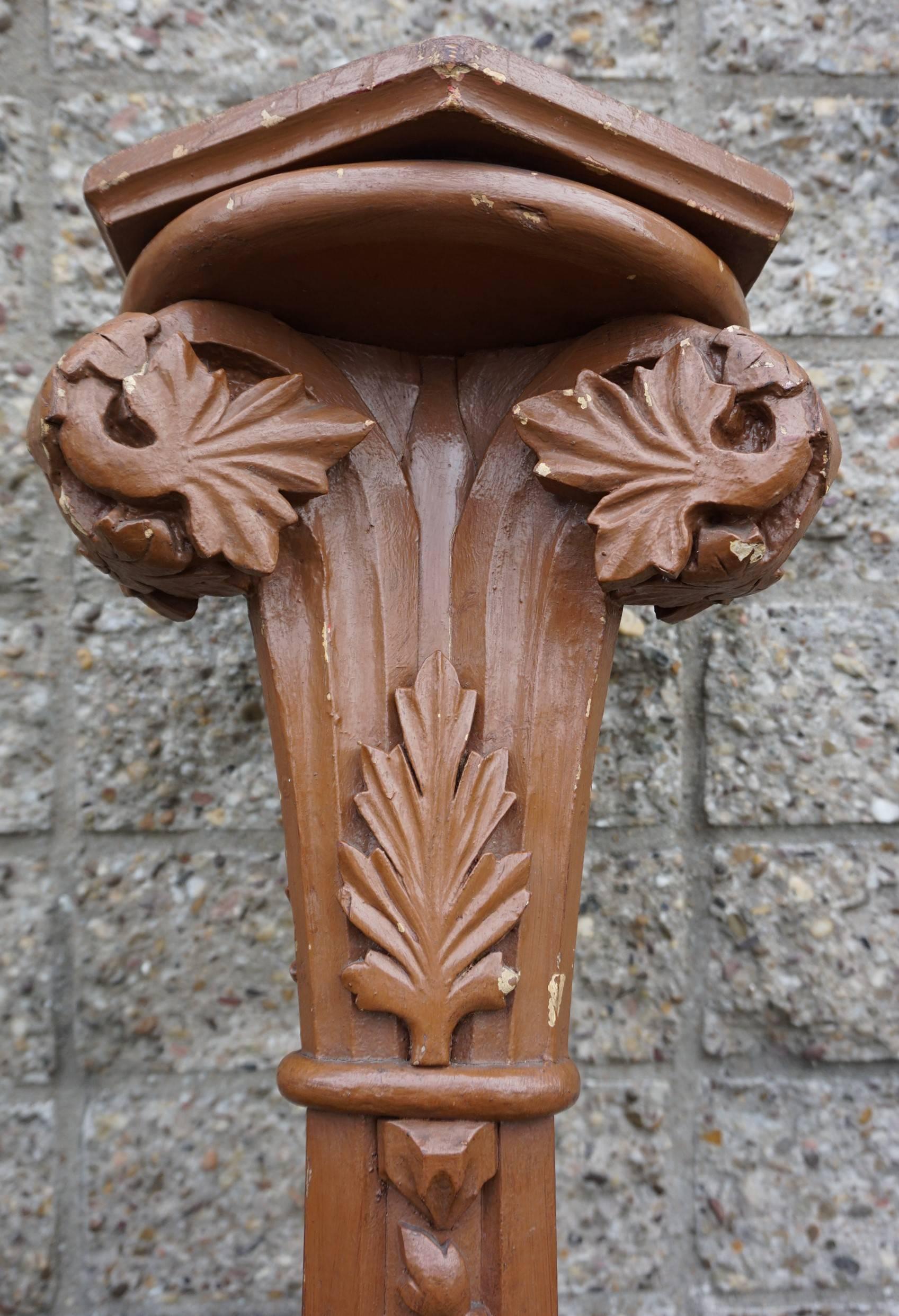 Wood Pair of Hand Crafted and Painted Gothic Revival Church Candle Pedestals, Columns For Sale