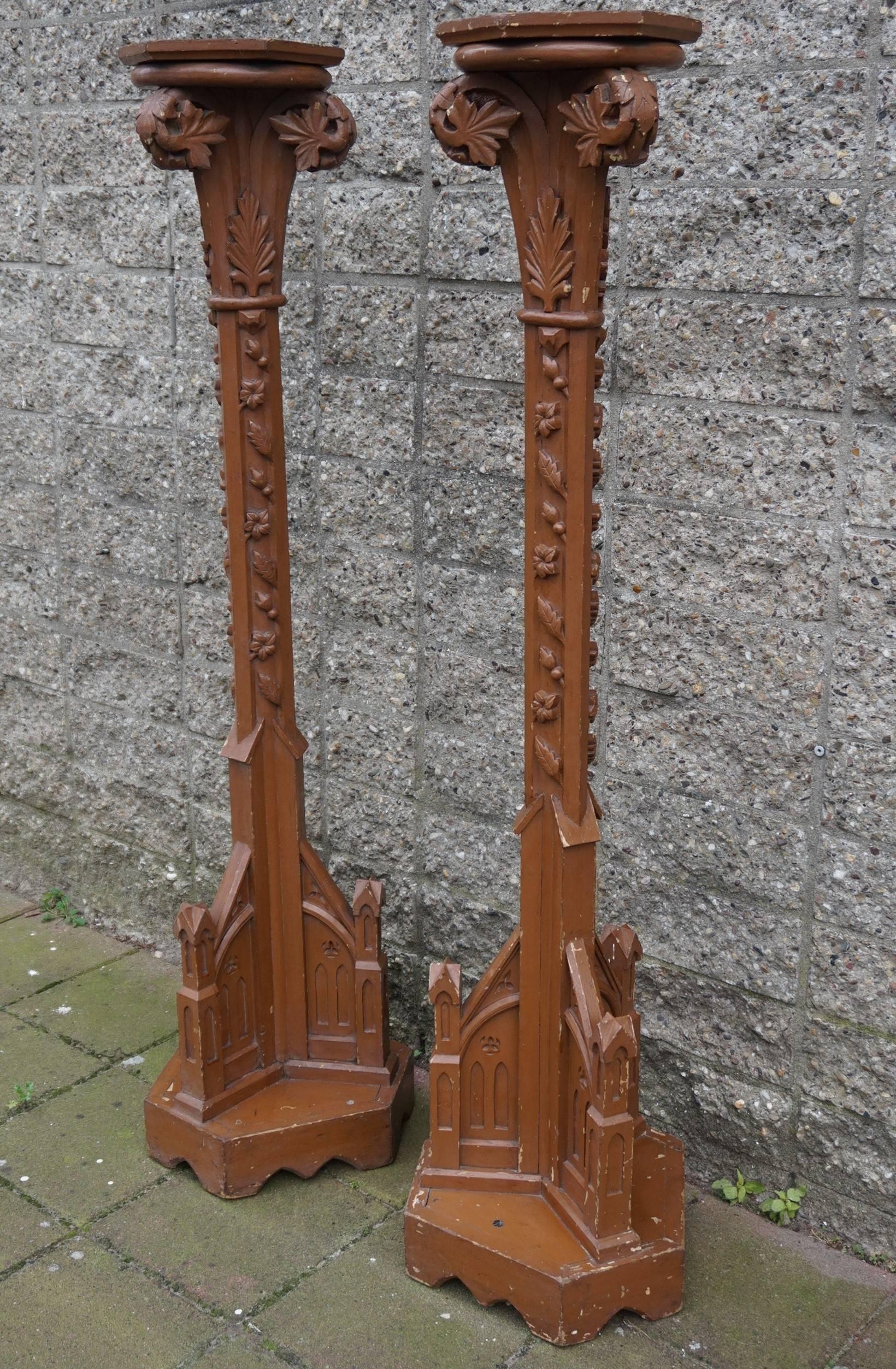 Pair of Hand Crafted and Painted Gothic Revival Church Candle Pedestals, Columns For Sale 2