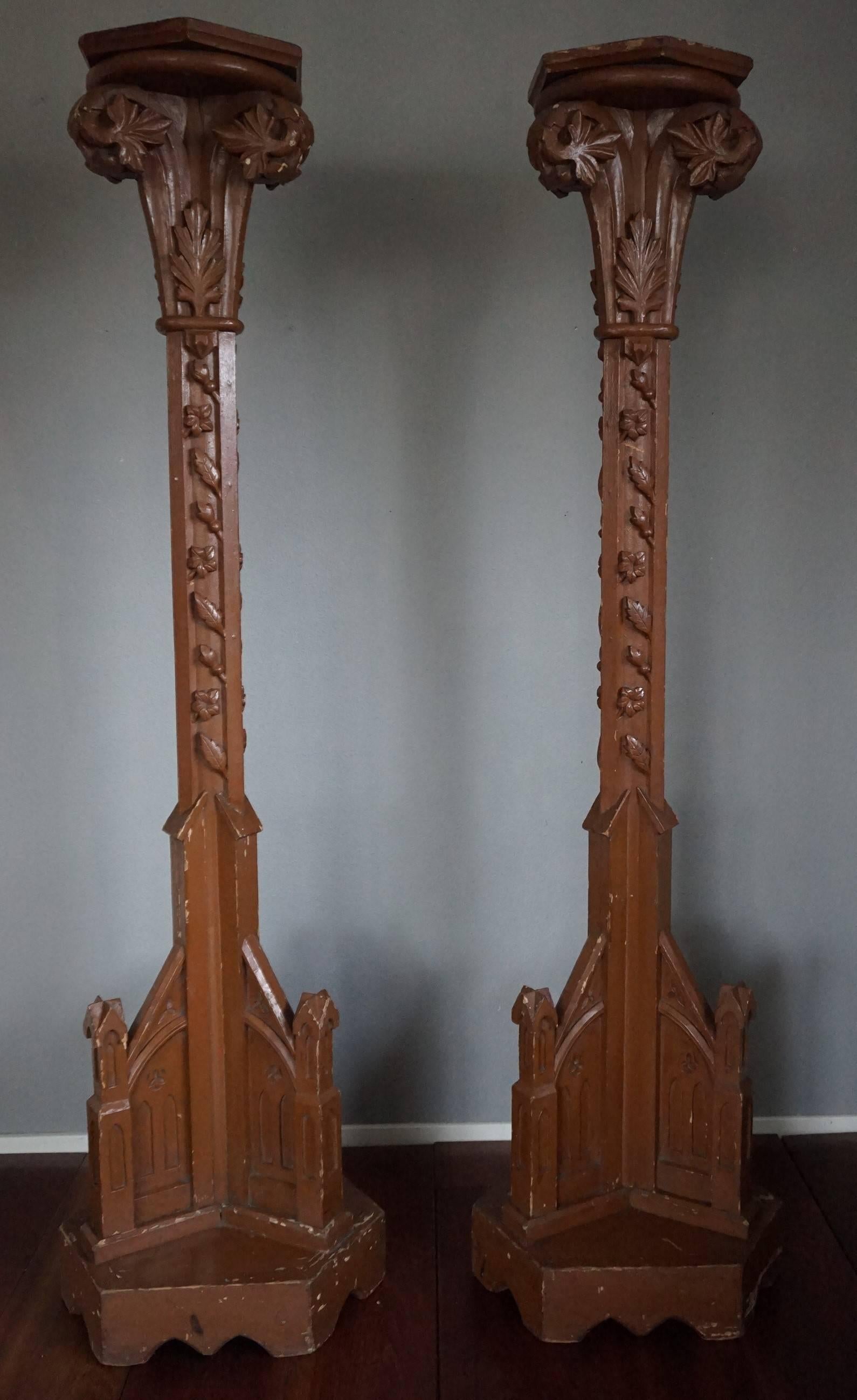 Pair of Hand Crafted and Painted Gothic Revival Church Candle Pedestals, Columns For Sale 3