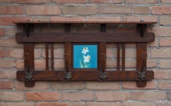 Antique Arts and Crafts Oak Wall Coat Rack with Glazed Daffodil Tile in Relief