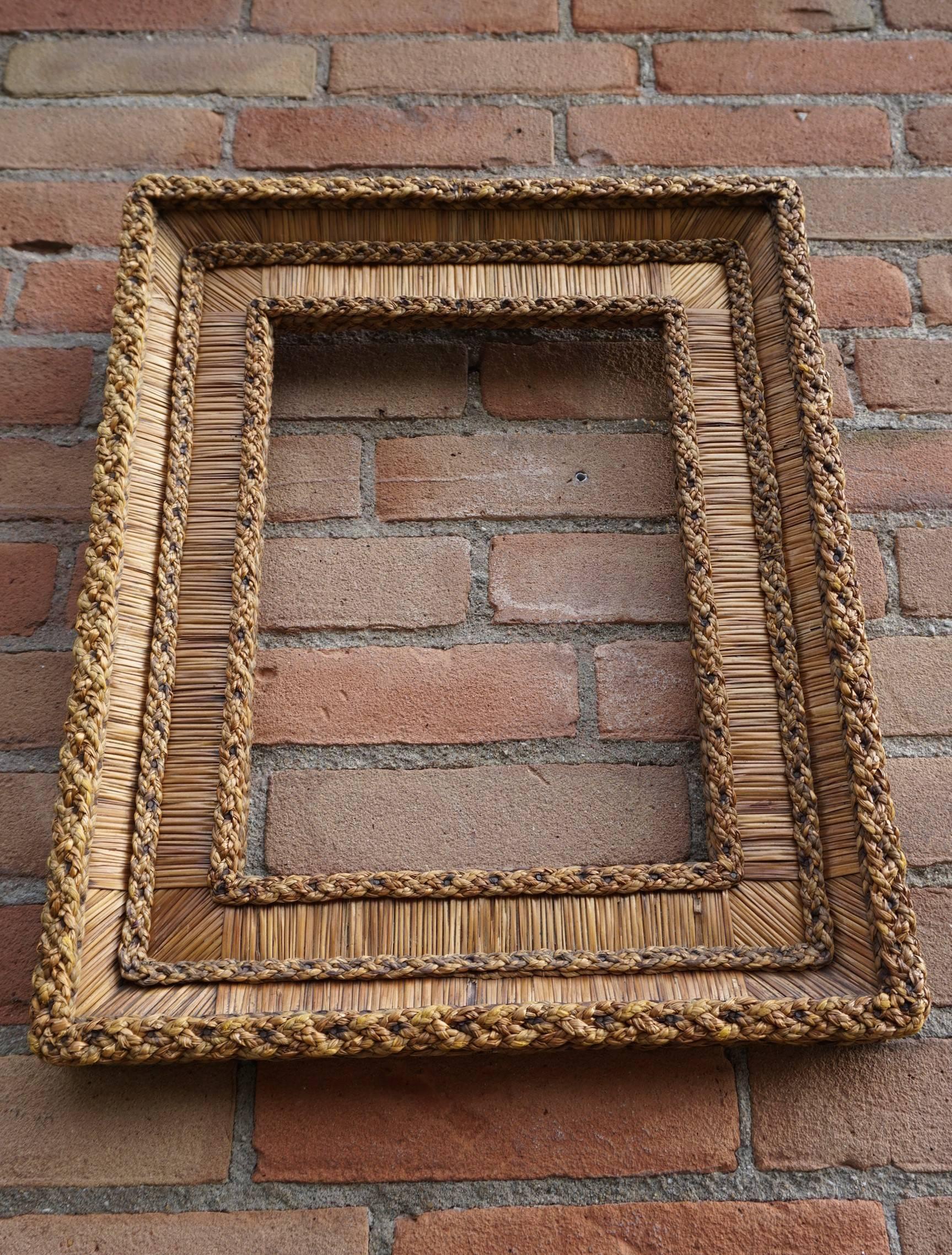 French Vintage Hand-Woven Straw on Wood, Stylishly Organic Picture or Mirror Frame 