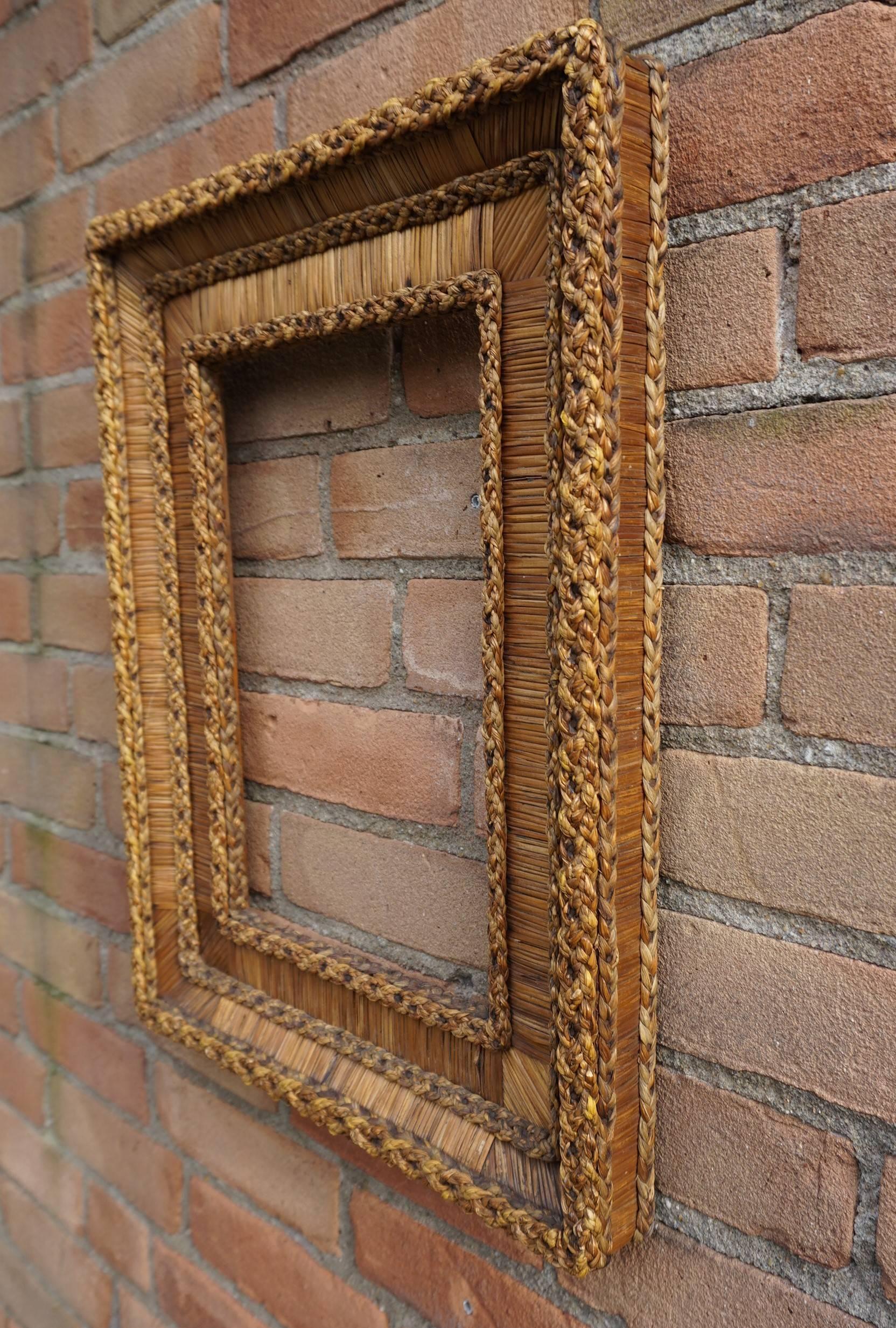 Hand-Crafted Vintage Hand-Woven Straw on Wood, Stylishly Organic Picture or Mirror Frame 