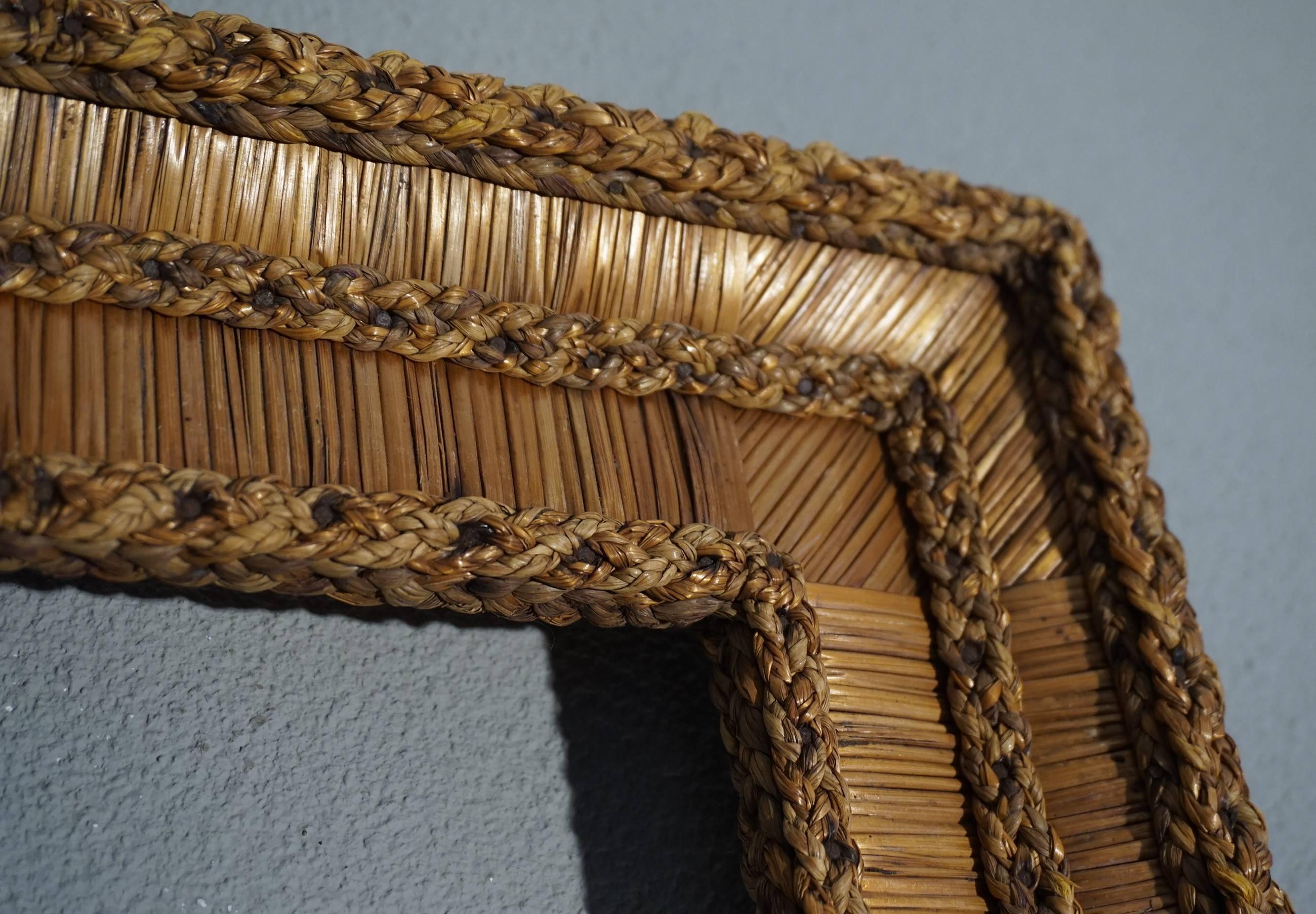 Vintage Hand-Woven Straw on Wood, Stylishly Organic Picture or Mirror Frame  1