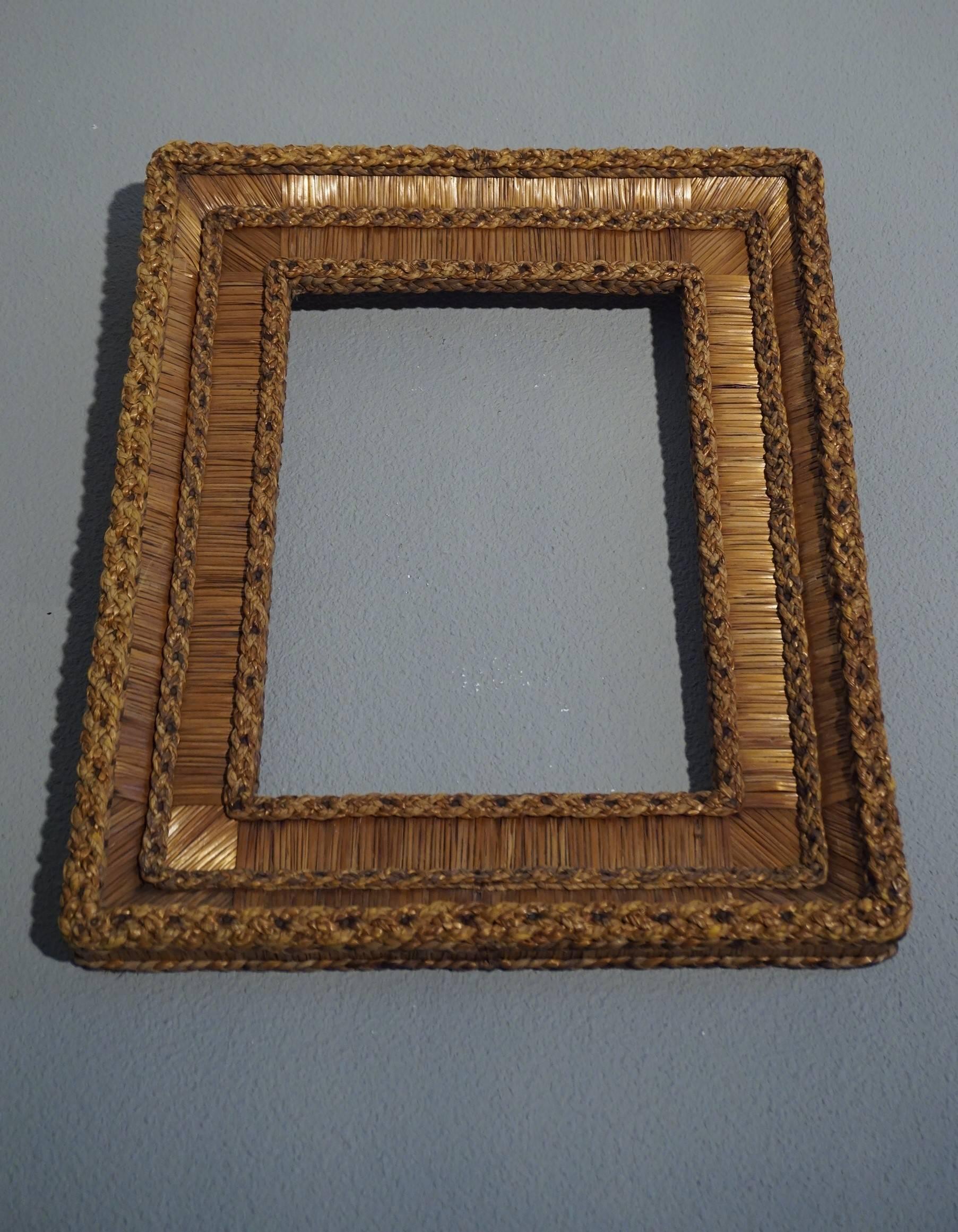 Vintage Hand-Woven Straw on Wood, Stylishly Organic Picture or Mirror Frame  4