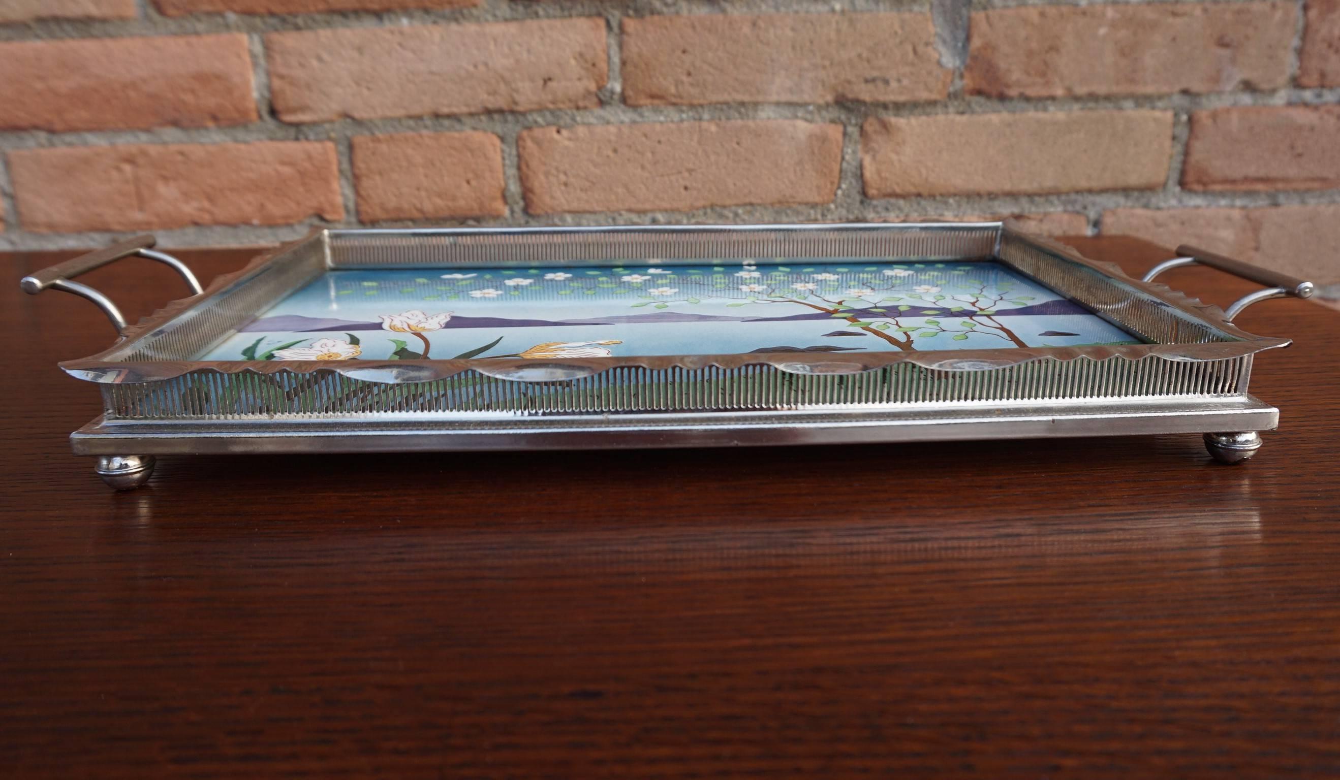 20th Century Arts and Crafts Small Tile Serving Tray with Hand Painted Decor, Chrome Borders