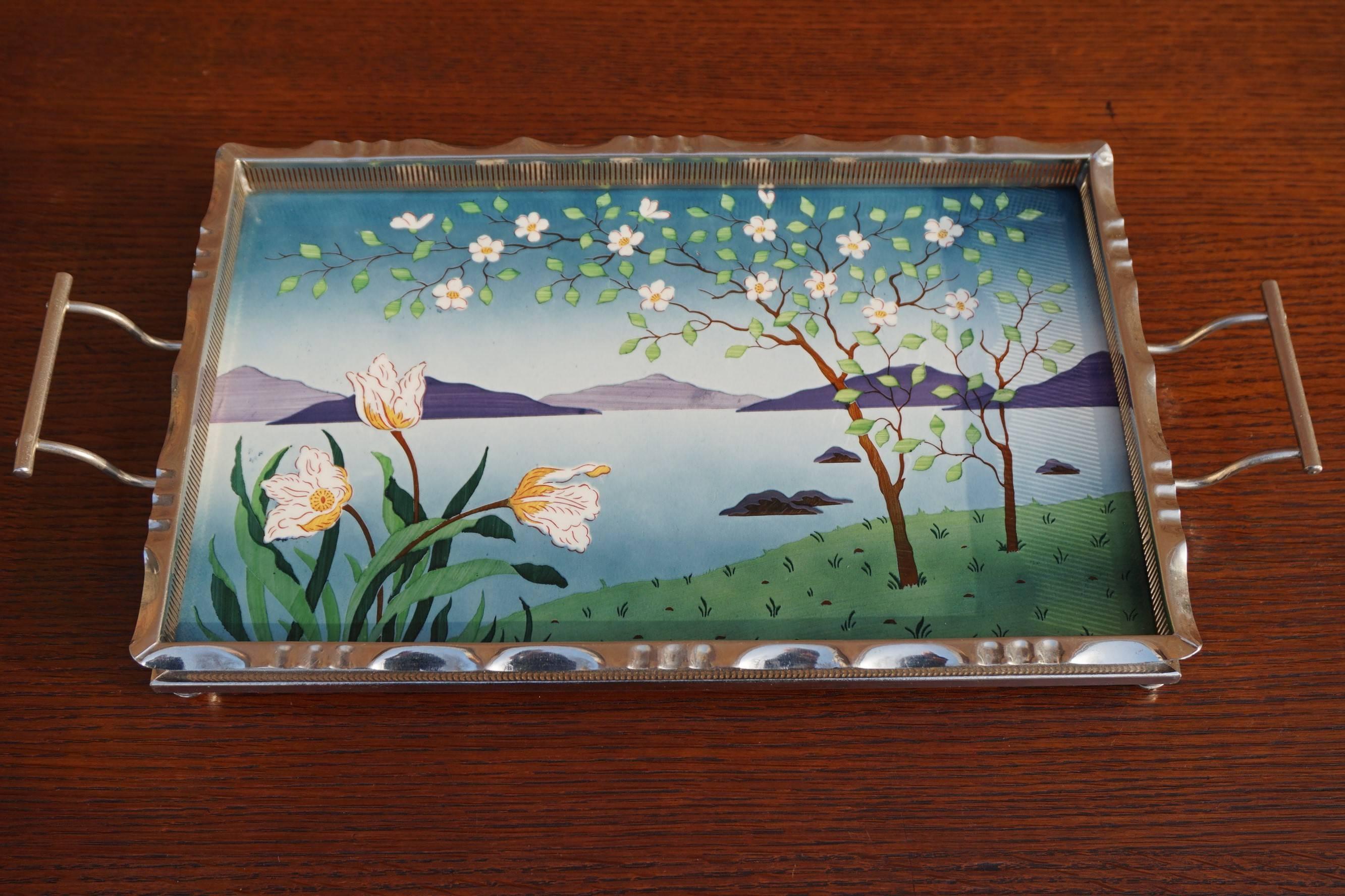 Arts and Crafts Small Tile Serving Tray with Hand Painted Decor, Chrome Borders 3