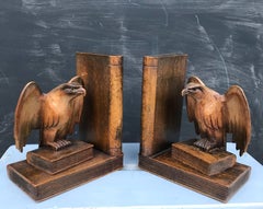 Rare Early 1900s Hand-Carved Solid Wood Pair of Winged American Eagle Bookends