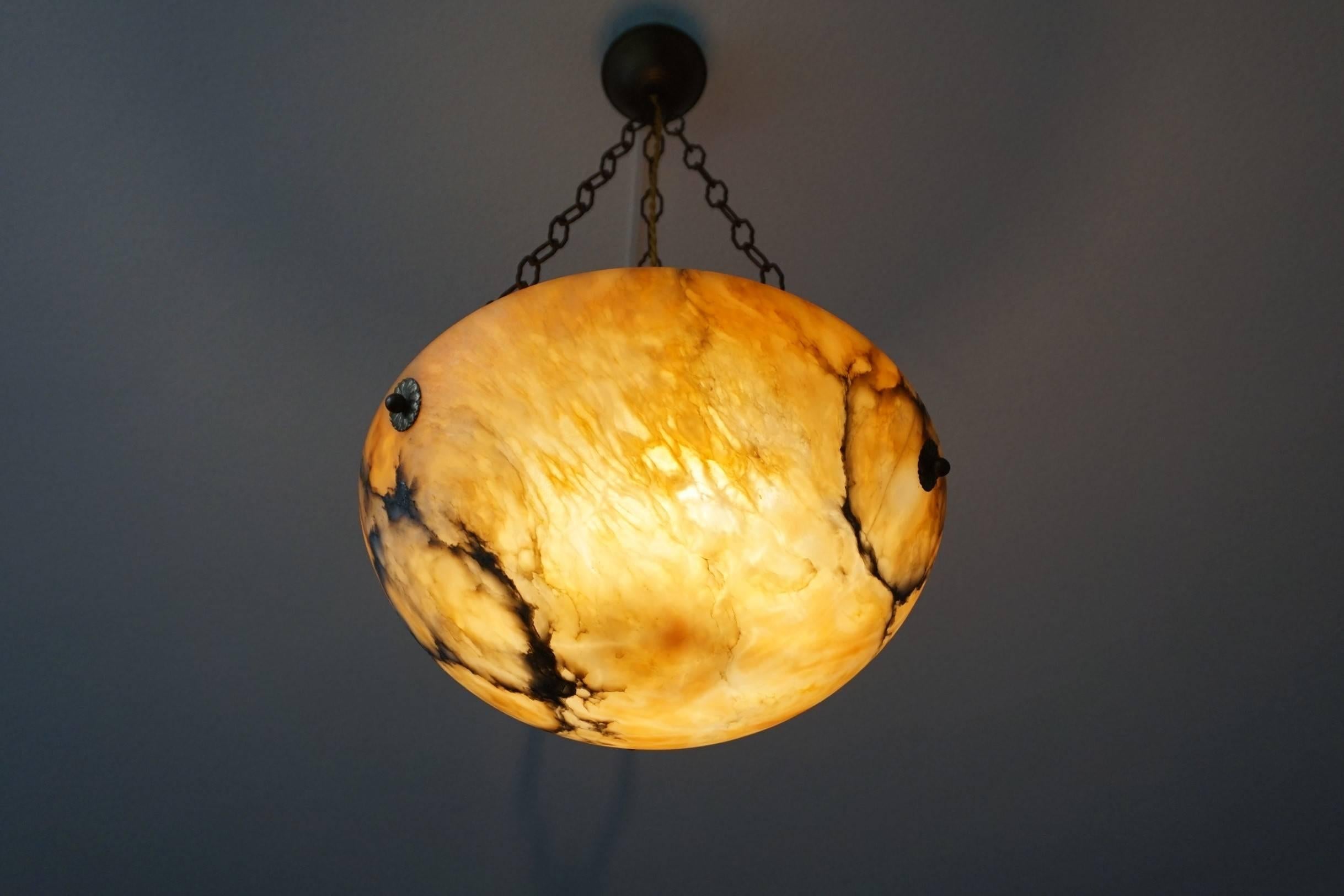 French Striking Early 1900s Orange, White and Black Alabaster Pendant / Light Fixture
