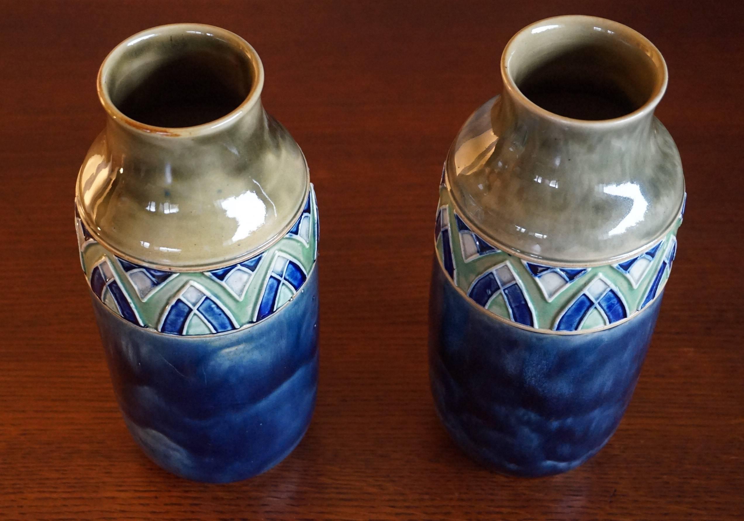 Glazed Great Quality & Condition Pair of Arts and Crafts Ceramic Vases by Royal Doulton For Sale