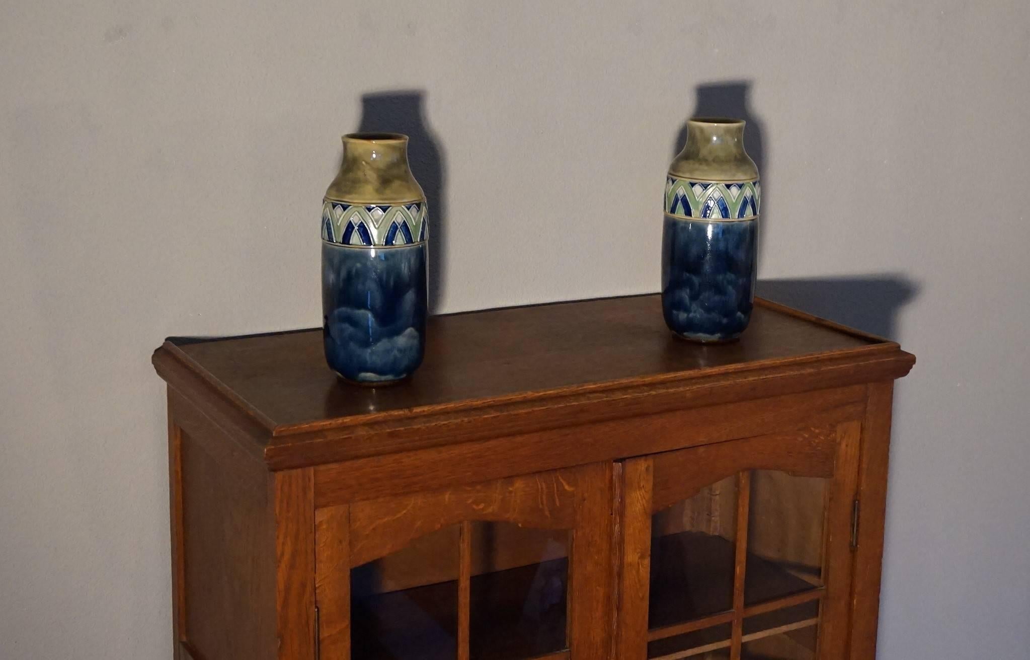 Great Quality & Condition Pair of Arts and Crafts Ceramic Vases by Royal Doulton For Sale 2