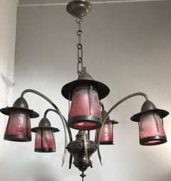 Unique Arts an Crafts Brass Pendant Light with Acid Etched Color Glass Shades