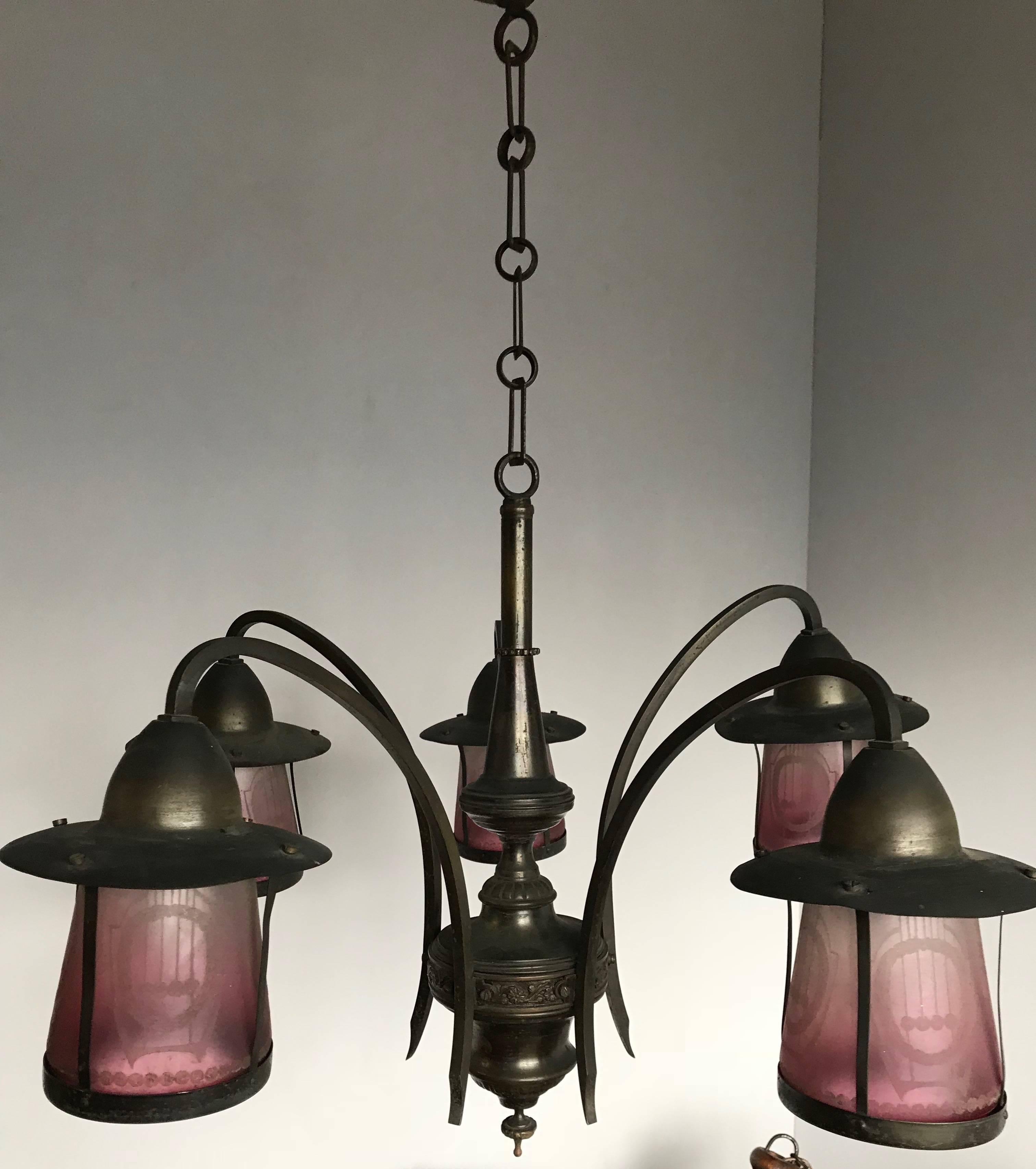 Unique Arts an Crafts Brass Pendant Light with Acid Etched Color Glass Shades In Good Condition For Sale In Lisse, NL