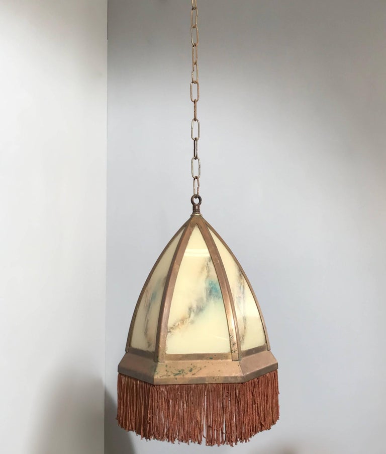 Rare Art Deco Hexagonal Light Fixture with Colored and Curved Glass