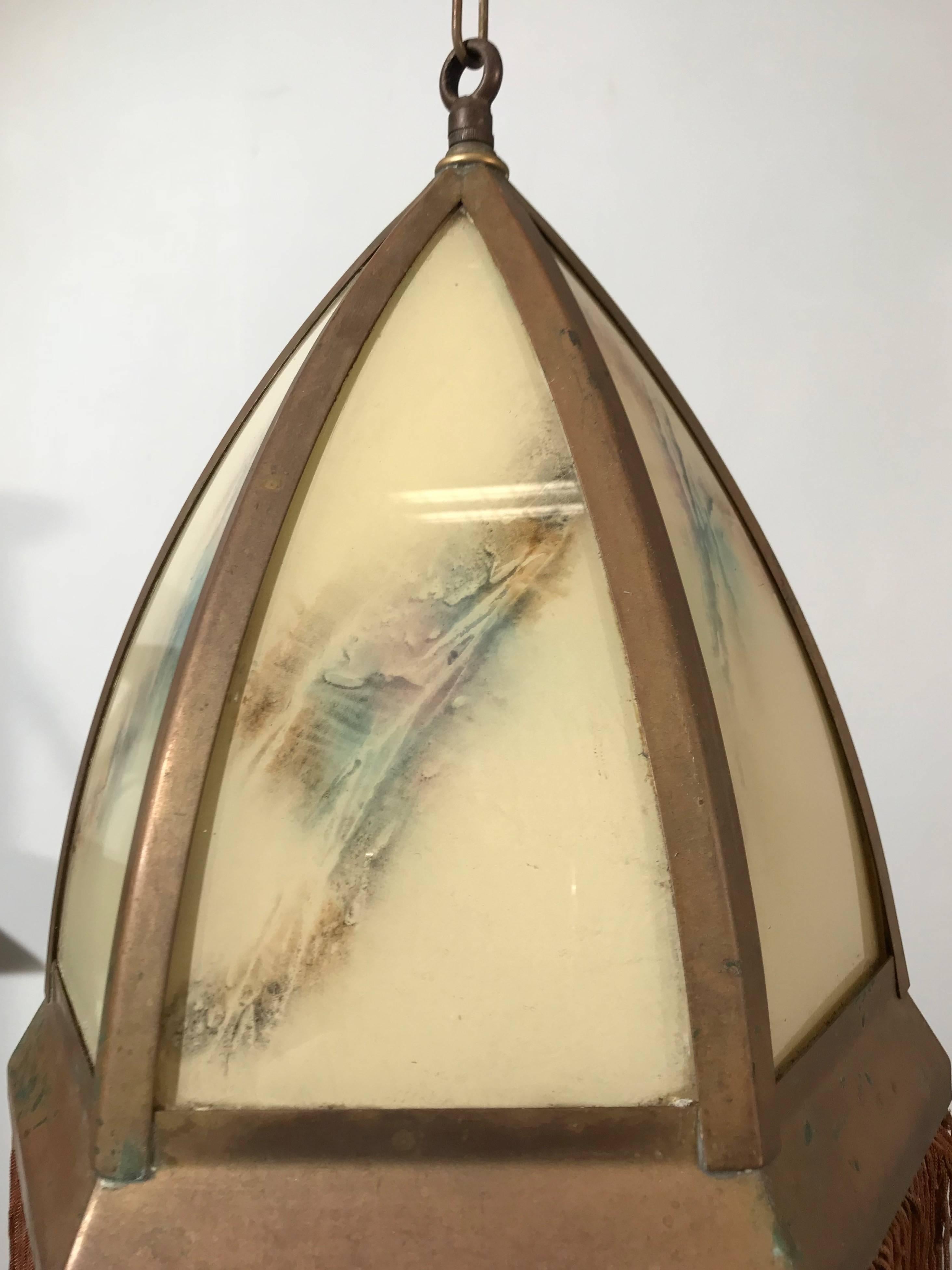 Dutch Rare Art Deco Hexagonal Light Fixture with Colored and Curved Glass Panels For Sale