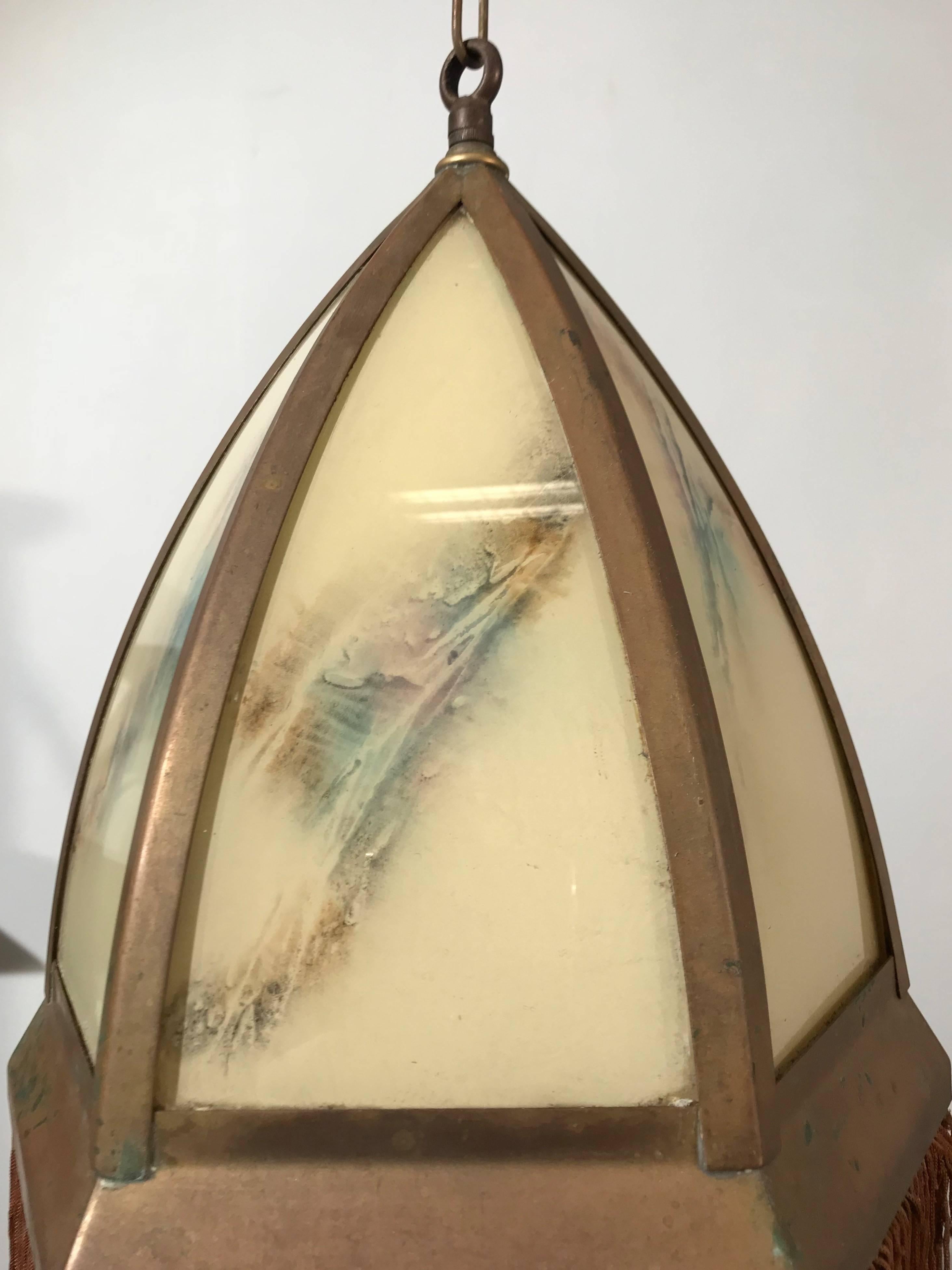 Dutch Rare Art Deco Hexagonal Light Fixture with Colored and Curved Glass Panels