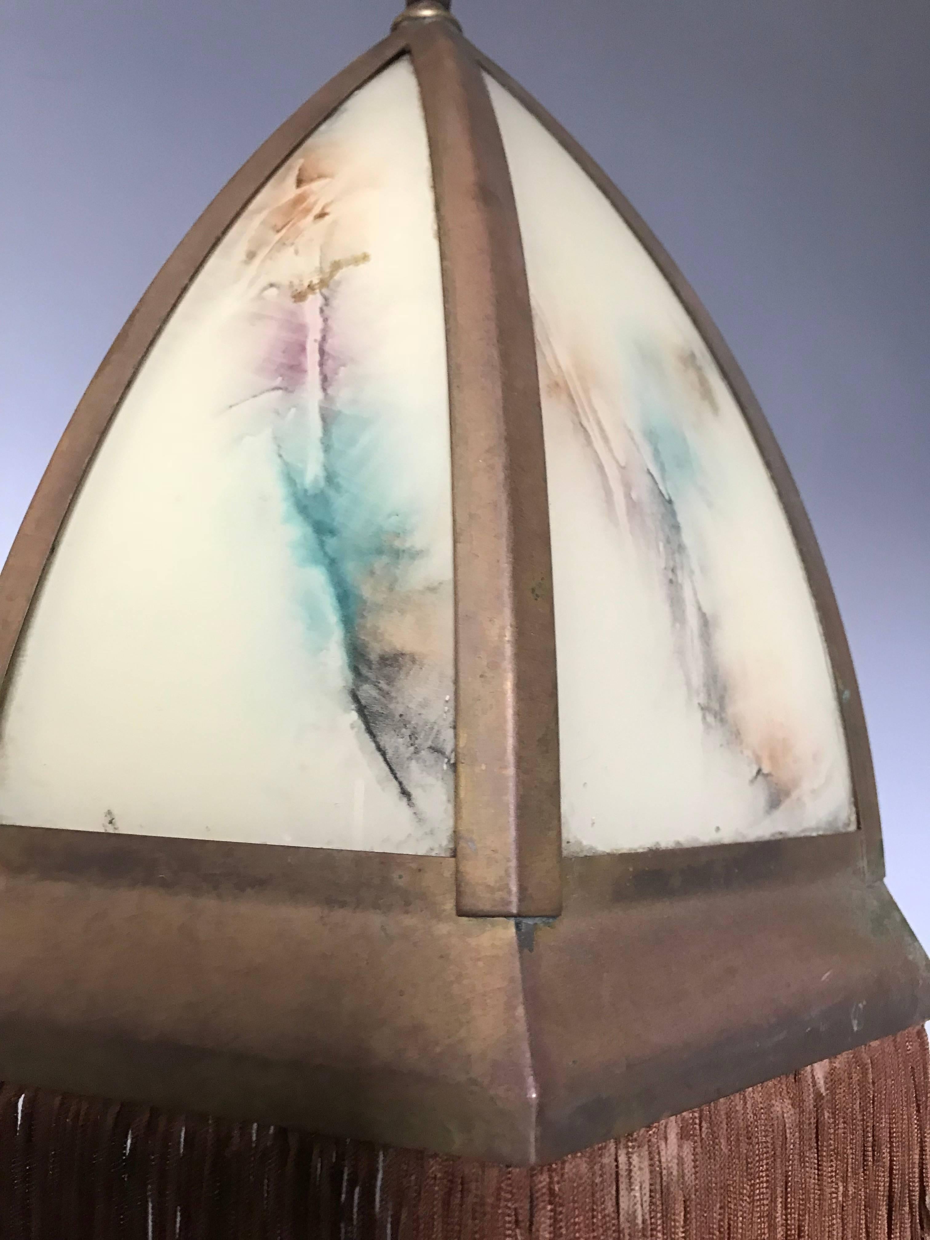 Rare Art Deco Hexagonal Light Fixture with Colored and Curved Glass Panels In Good Condition In Lisse, NL