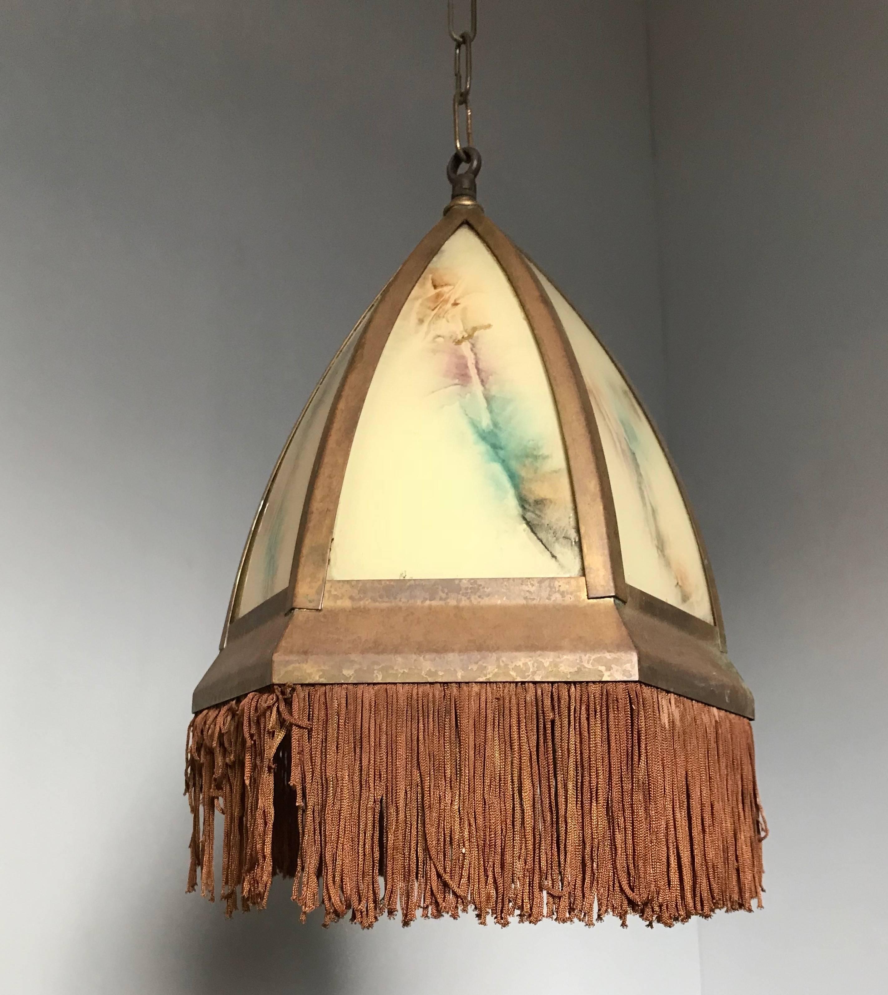 20th Century Rare Art Deco Hexagonal Light Fixture with Colored and Curved Glass Panels