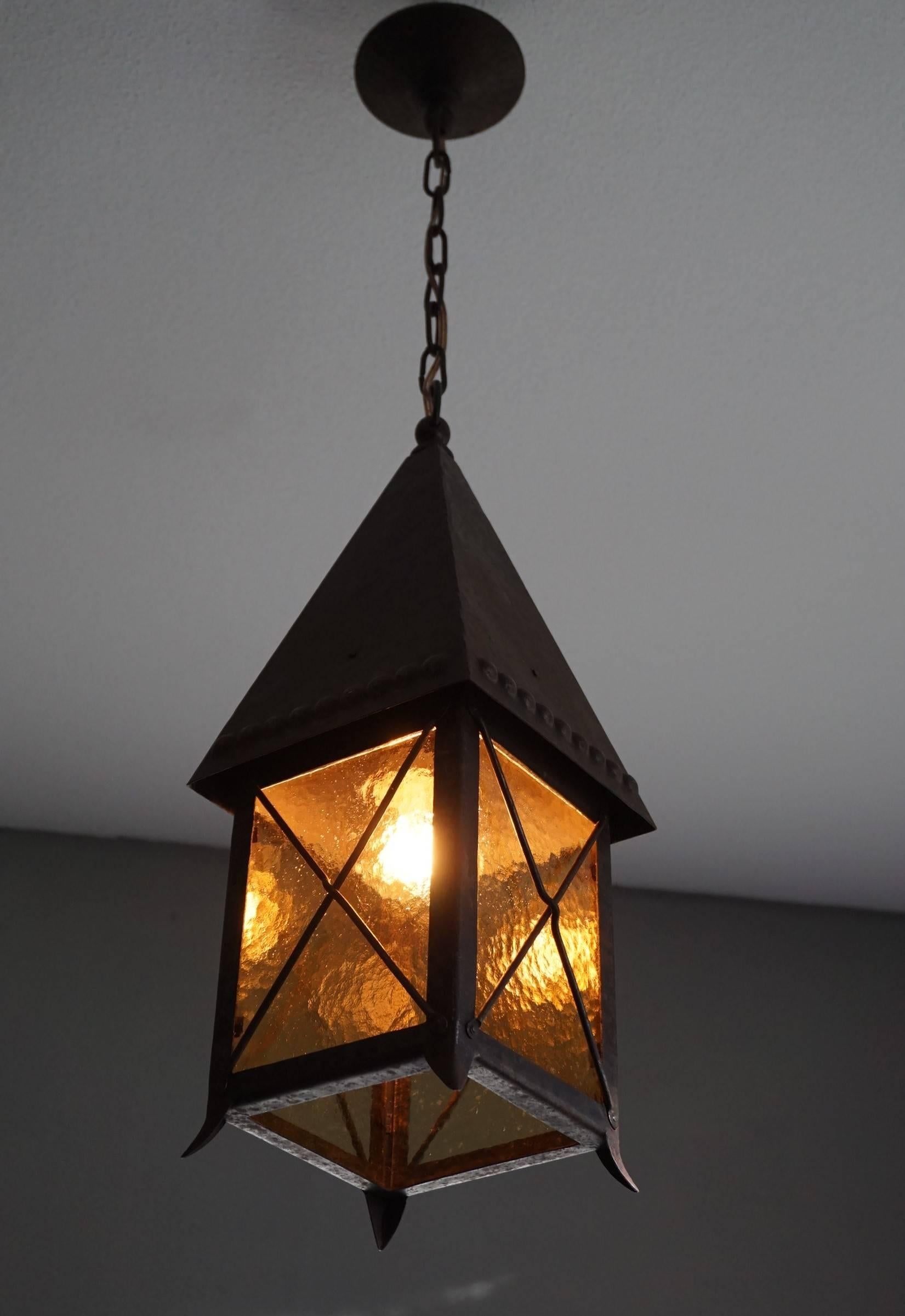Early 1900s Arts and Crafts Wrought Iron and Cathedral Glass Lantern In Excellent Condition In Lisse, NL