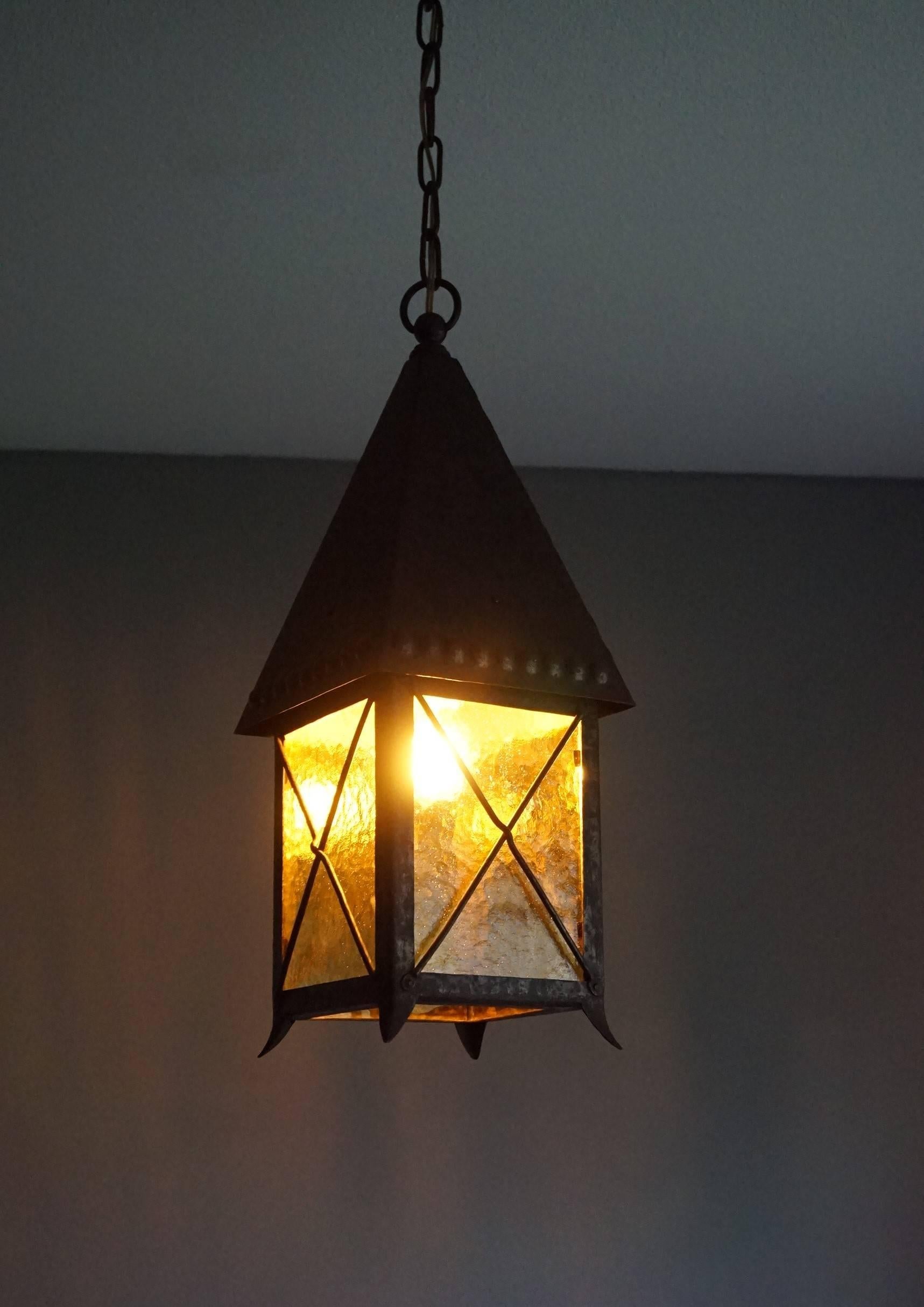 Early 1900s Arts and Crafts Wrought Iron and Cathedral Glass Lantern 1