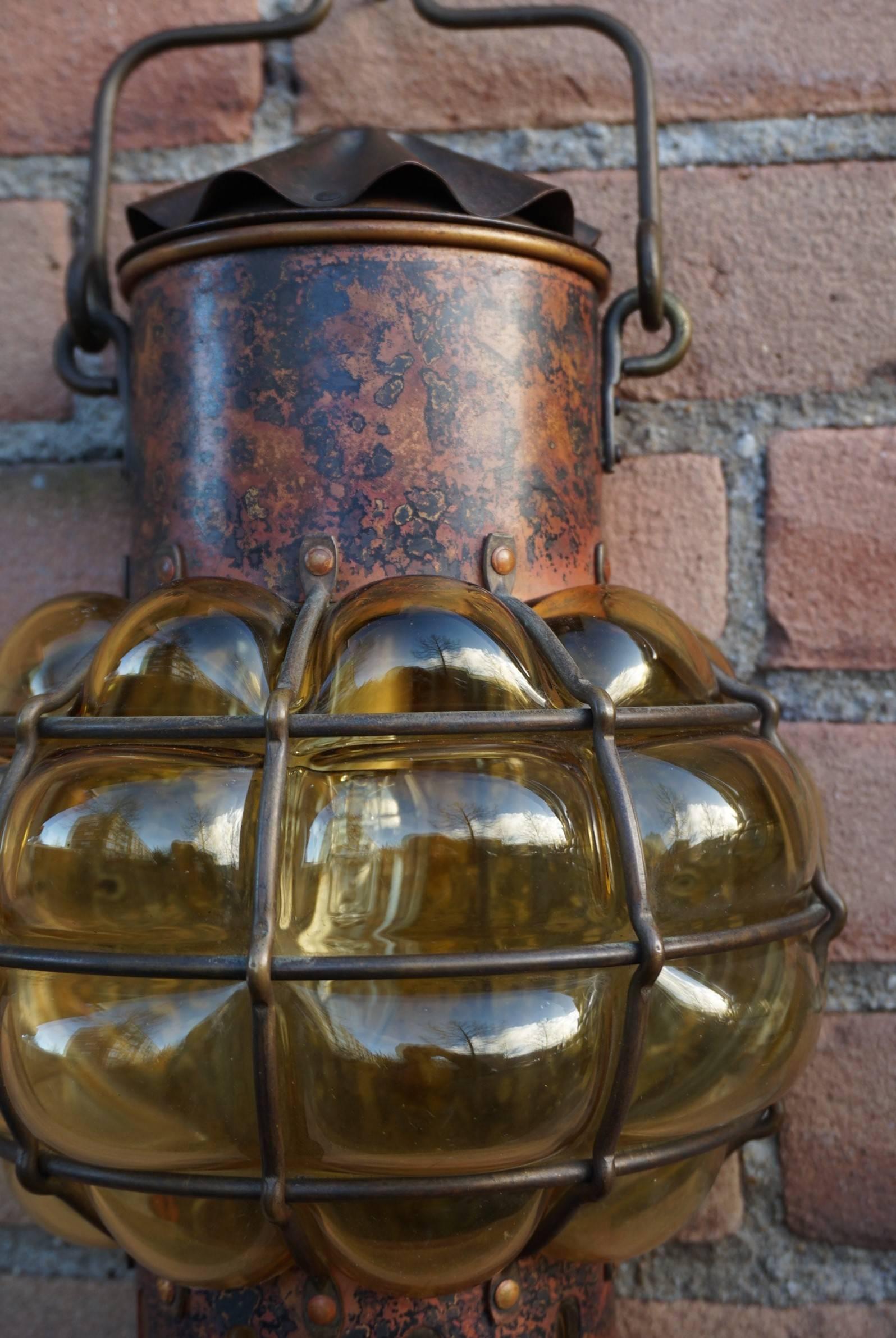 Pair of Nautical Theme Ships Wall Lamps with Amber Glass Blown in Brass Frames 1