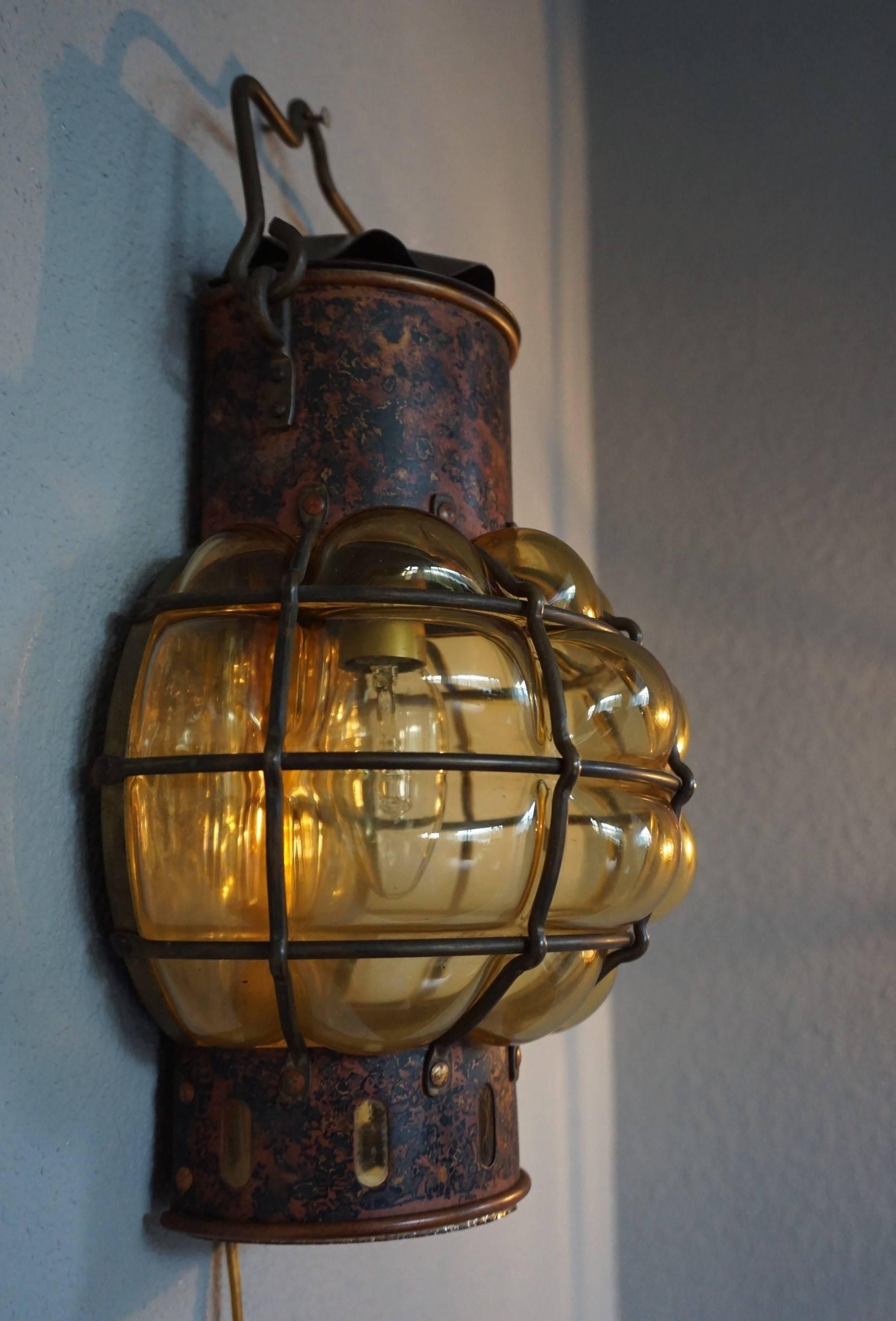 Pair of Nautical Theme Ships Wall Lamps with Amber Glass Blown in Brass Frames 2