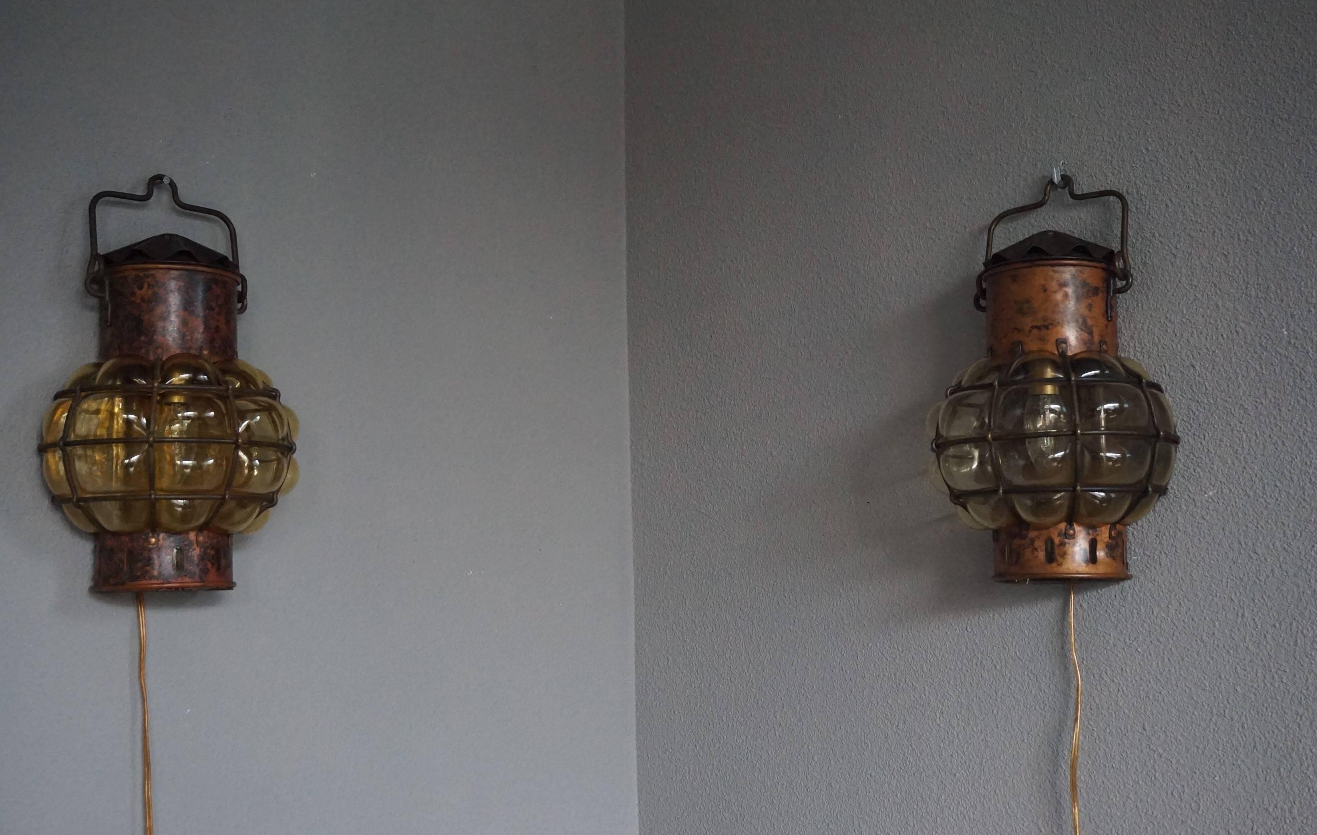Pair of Nautical Theme Ships Wall Lamps with Amber Glass Blown in Brass Frames 3