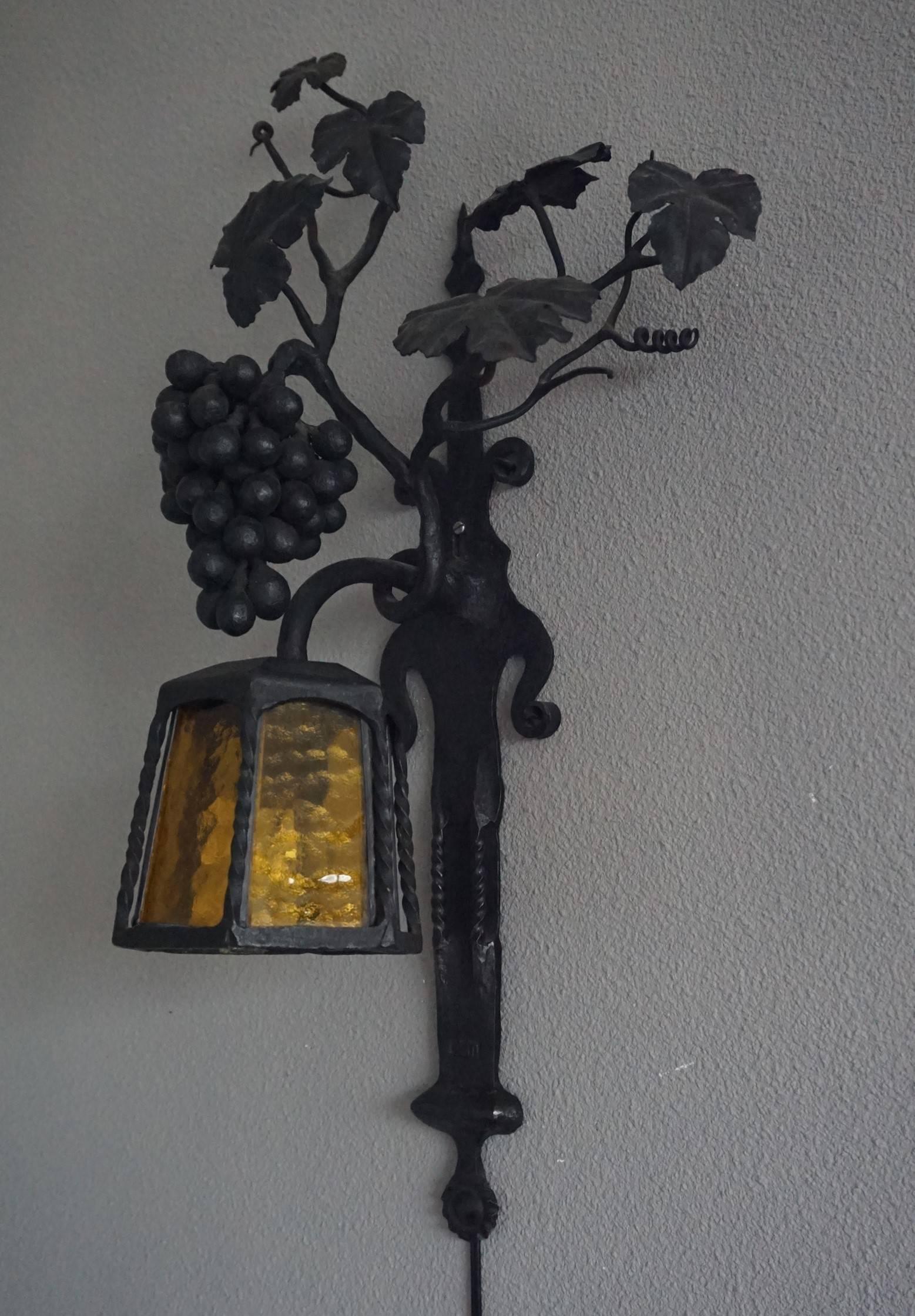 20th Century Arts and Crafts Wrought Iron Bunch of Grapes Wall Sconce / Wine Theme Lamp