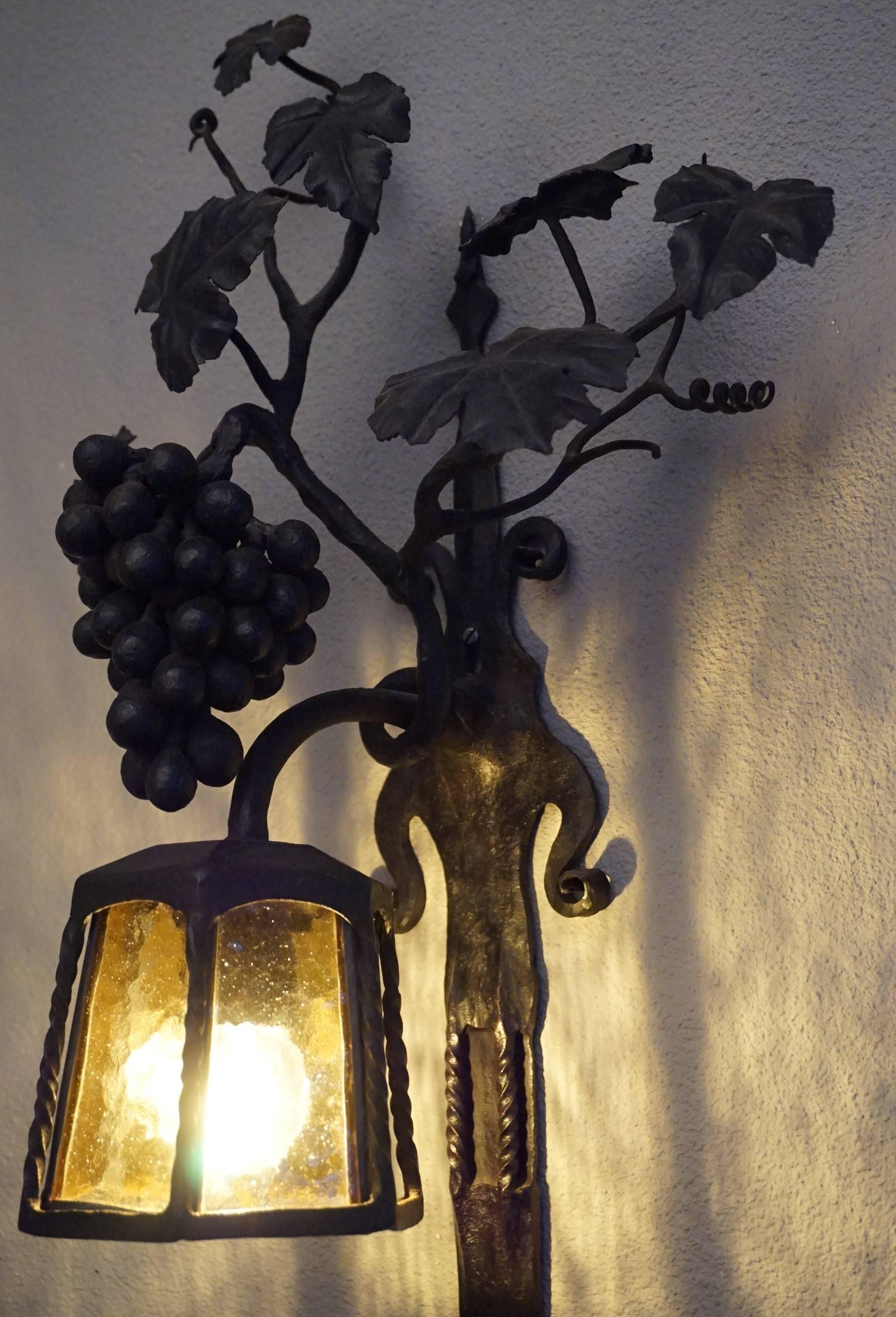 European Arts and Crafts Wrought Iron Bunch of Grapes Wall Sconce / Wine Theme Lamp