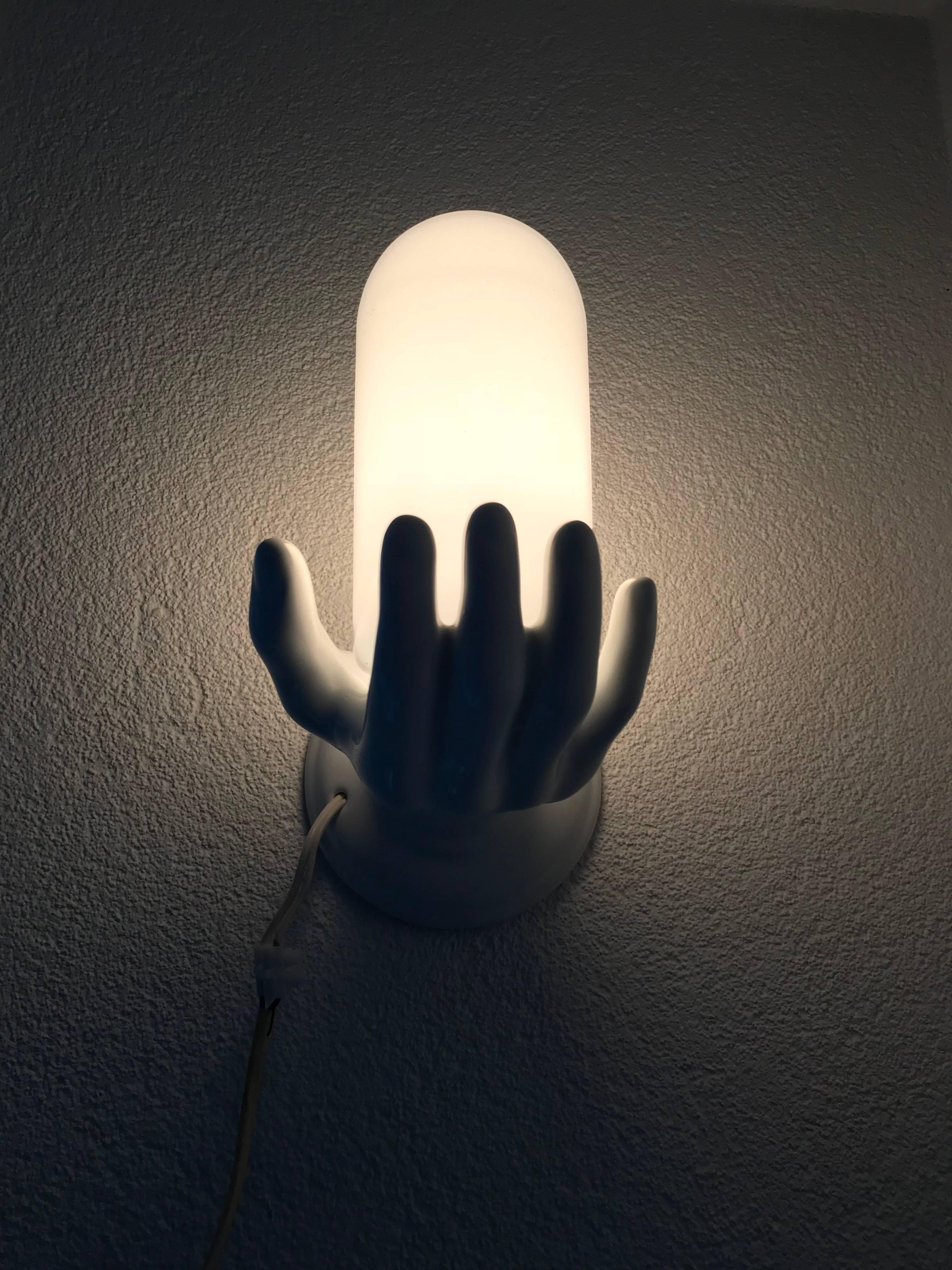 1970s Glazed White Ceramic Right Hand Holding a Glass Wall Sconce or Wall Light 4