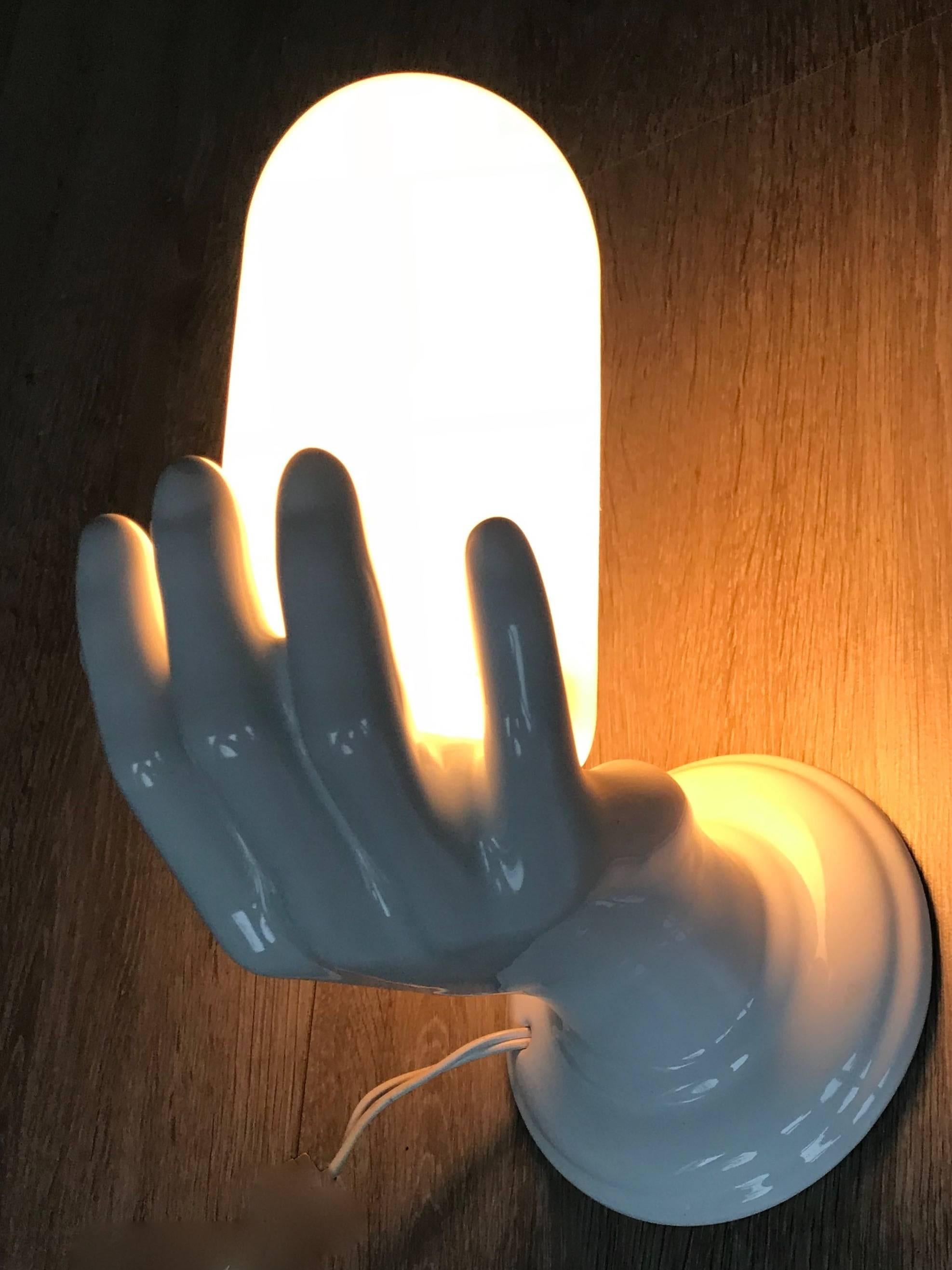 20th Century 1970s Glazed White Ceramic Right Hand Holding a Glass Wall Sconce or Wall Light