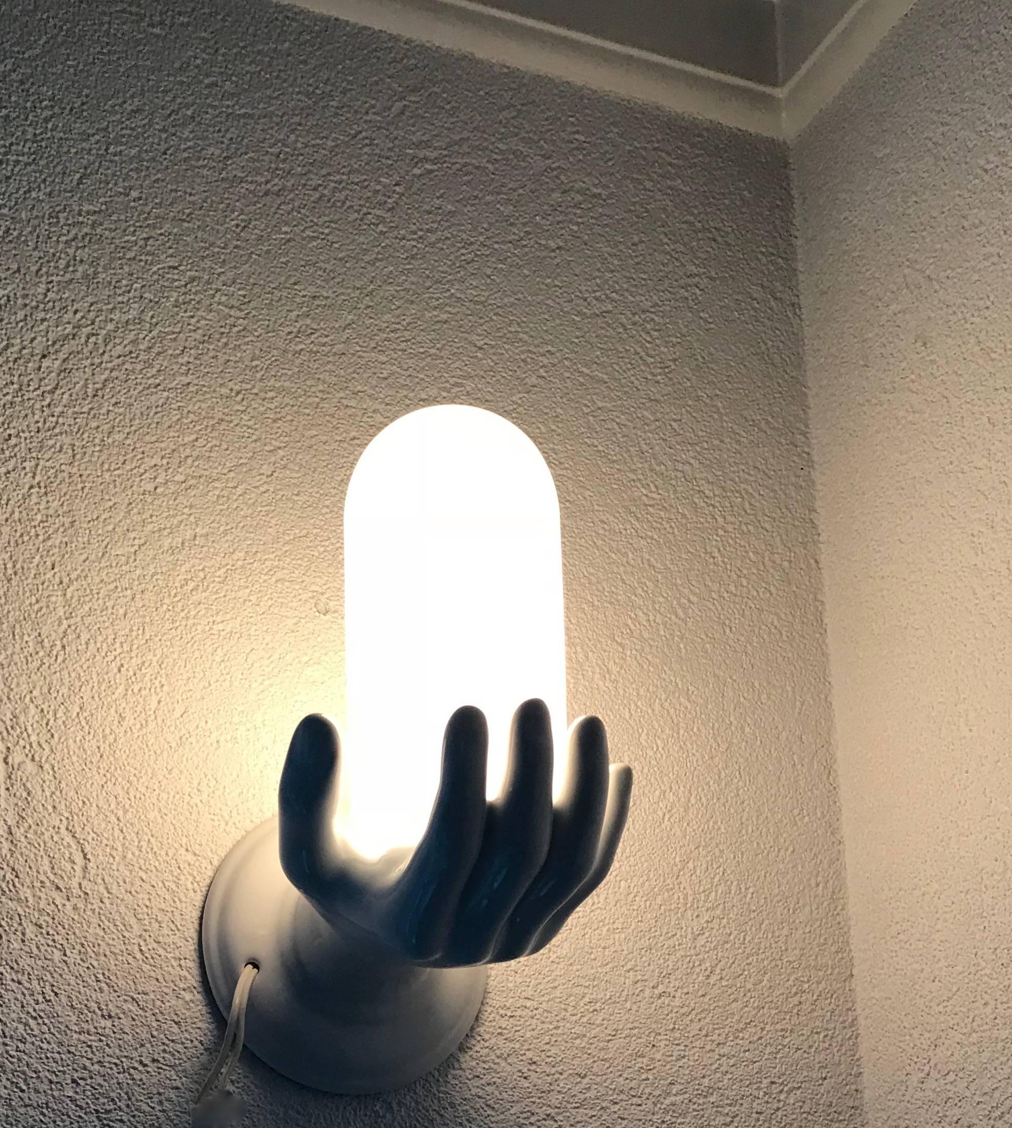 1970s Glazed White Ceramic Right Hand Holding a Glass Wall Sconce or Wall Light 3