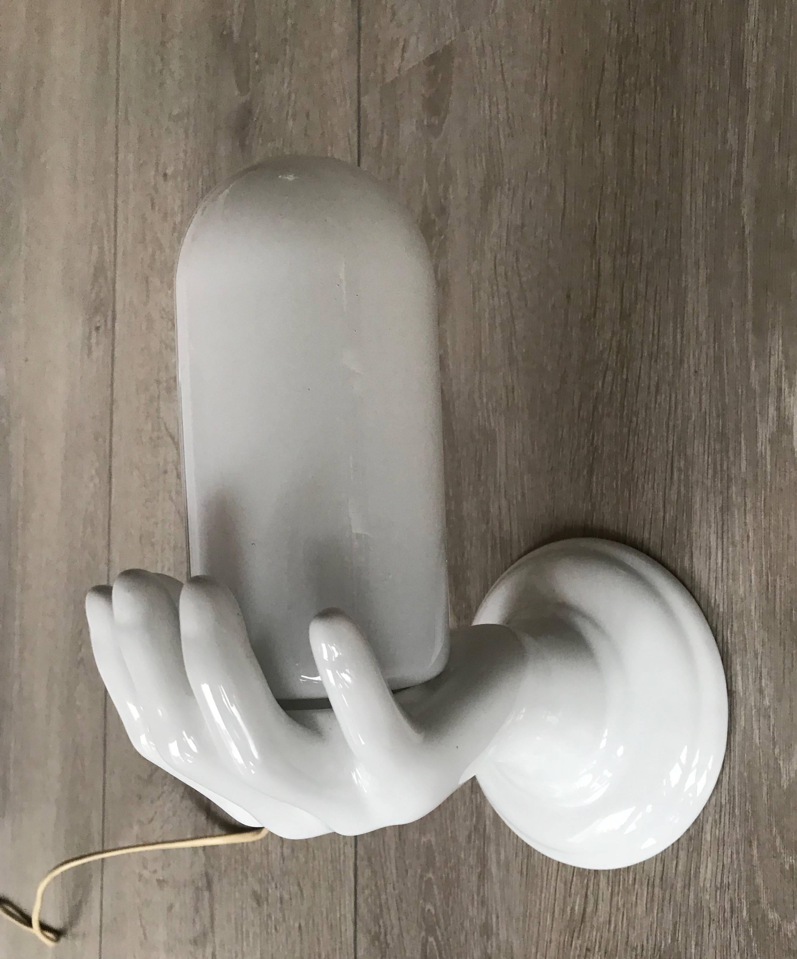 Italian 1970s Glazed White Ceramic Right Hand Holding a Glass Wall Sconce or Wall Light