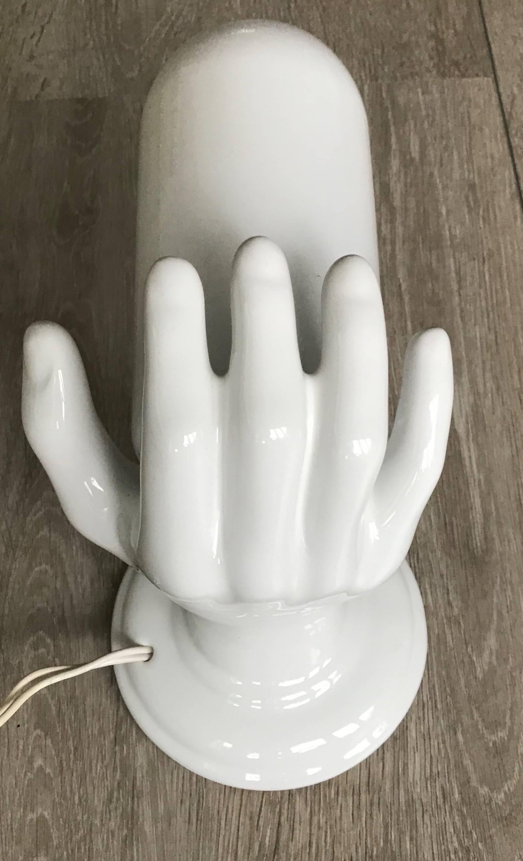 Mid-Century Modern 1970s Glazed White Ceramic Right Hand Holding a Glass Wall Sconce or Wall Light
