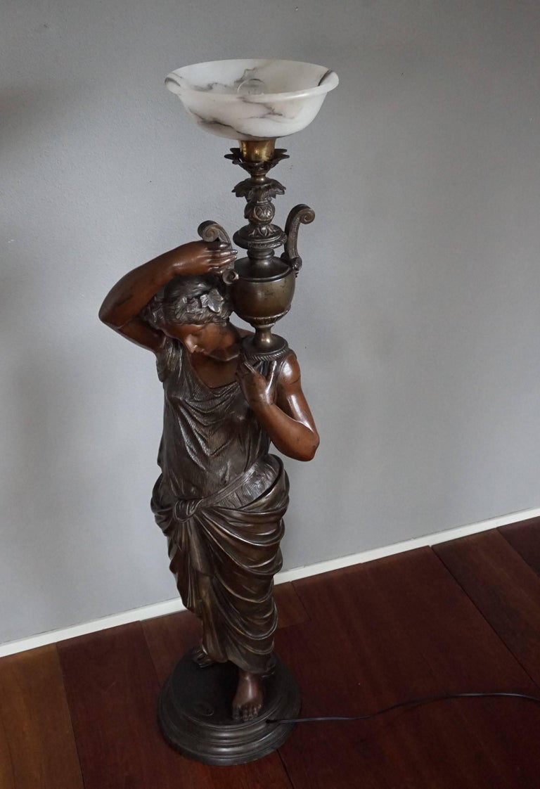 Antique Bronzed Sculpture Floor Lamp of Dione, Goddess of Water w. Maker's Mark For Sale at 1stdibs