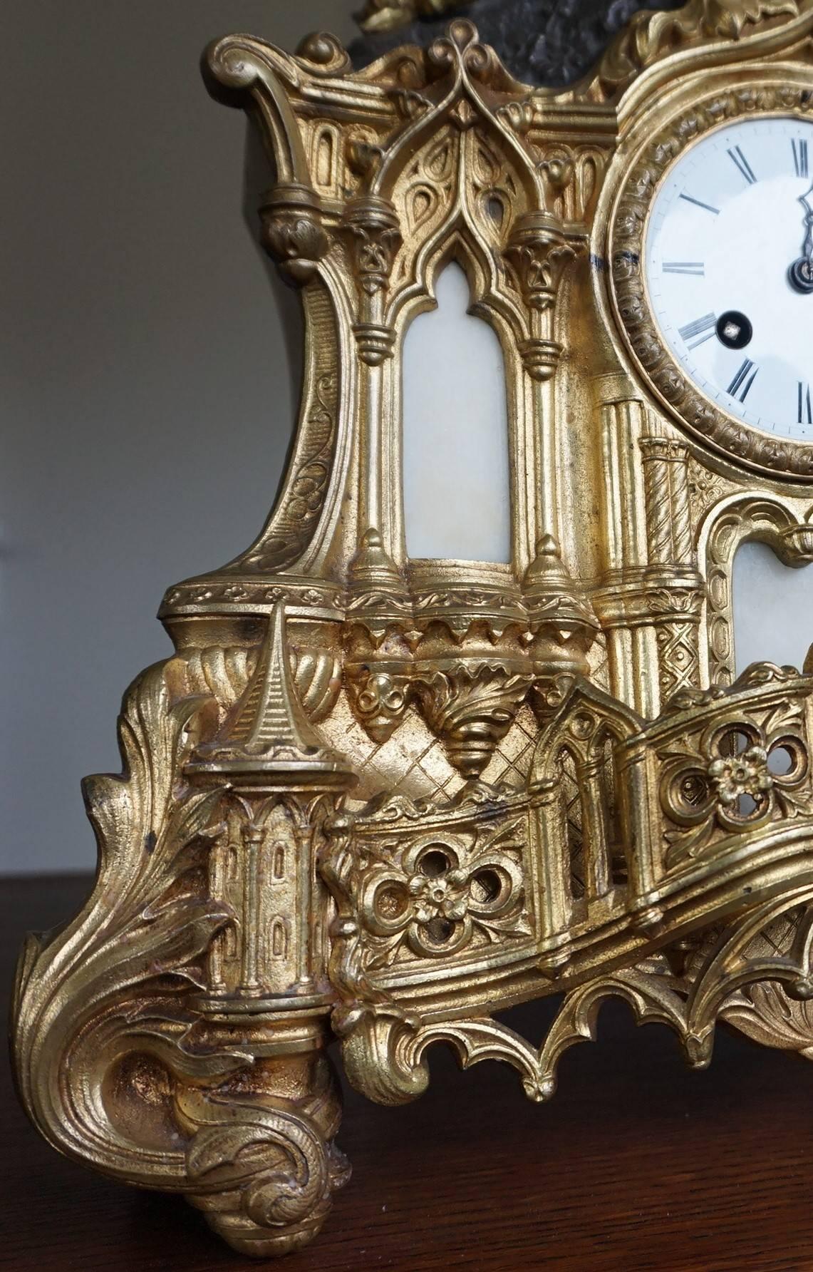 Gilt Bronze Gothic Rev. Heaven & Earth Mantel Clock w. Guardian Angel Sculpture In Good Condition In Lisse, NL