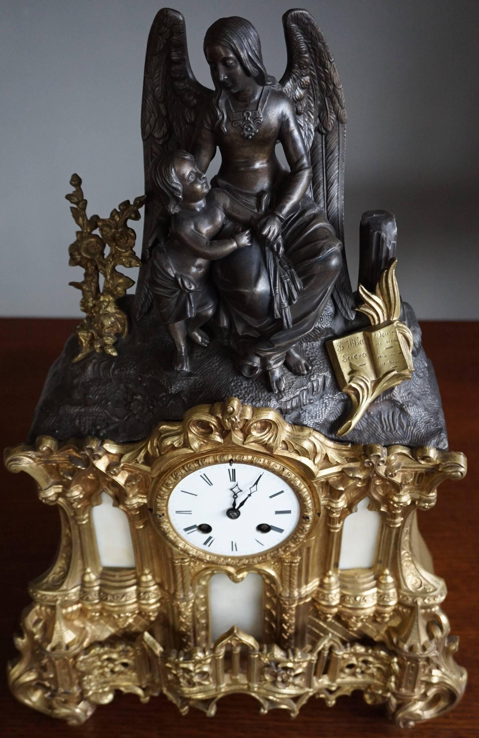 Gilt Bronze Gothic Rev. Heaven & Earth Mantel Clock w. Guardian Angel Sculpture 1