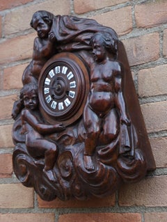 Antique Hand-Carved French Renaissance Revival Wall Clock W. Putto Sculptures