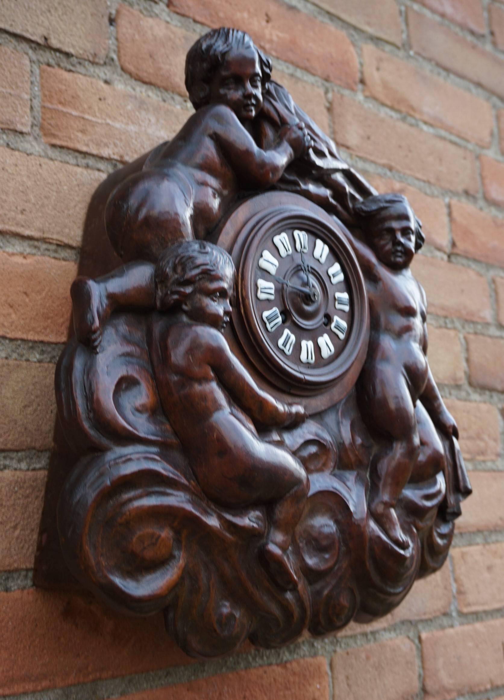 19th Century Antique Hand-Carved French Renaissance Revival Wall Clock W. Putto Sculptures