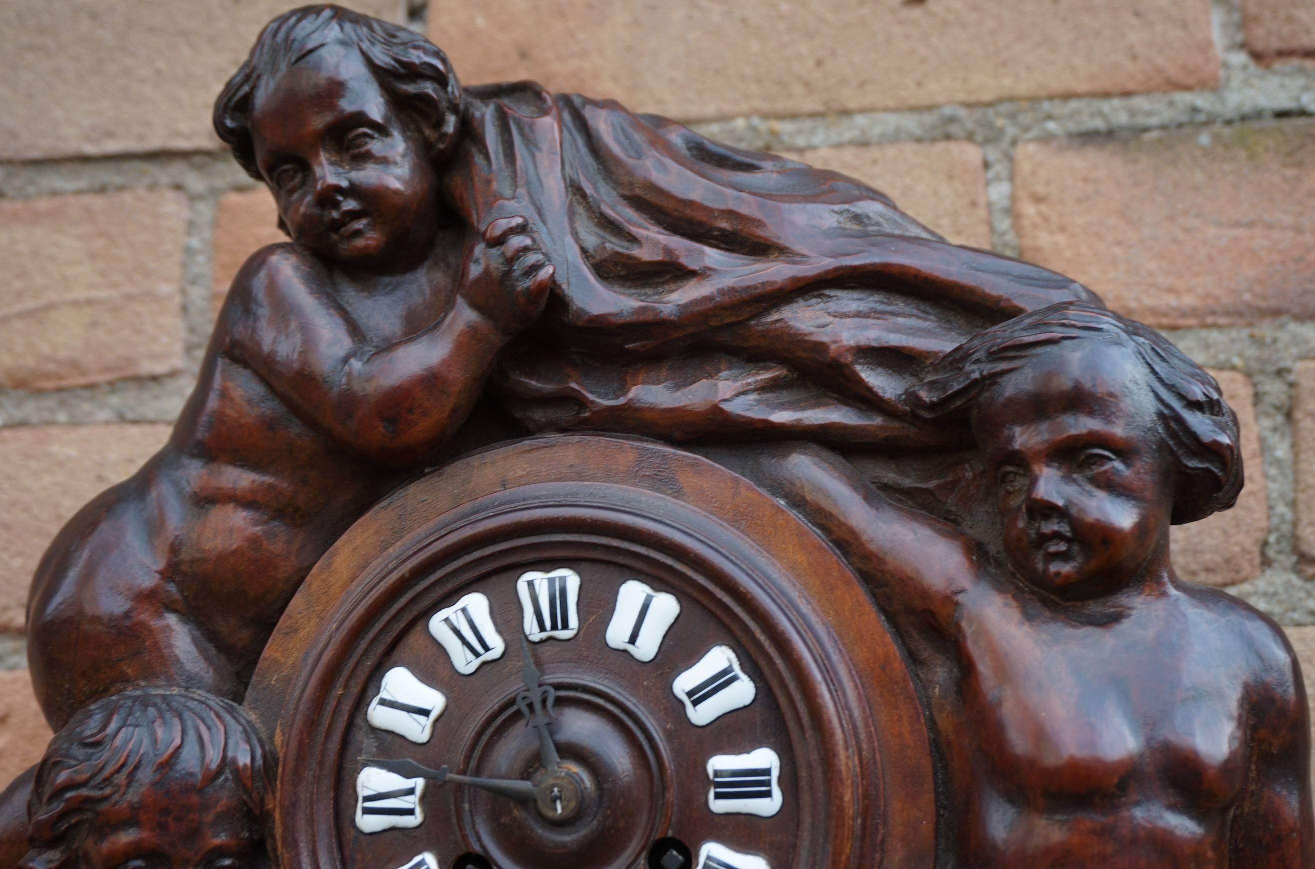 Enamel Antique Hand-Carved French Renaissance Revival Wall Clock W. Putto Sculptures