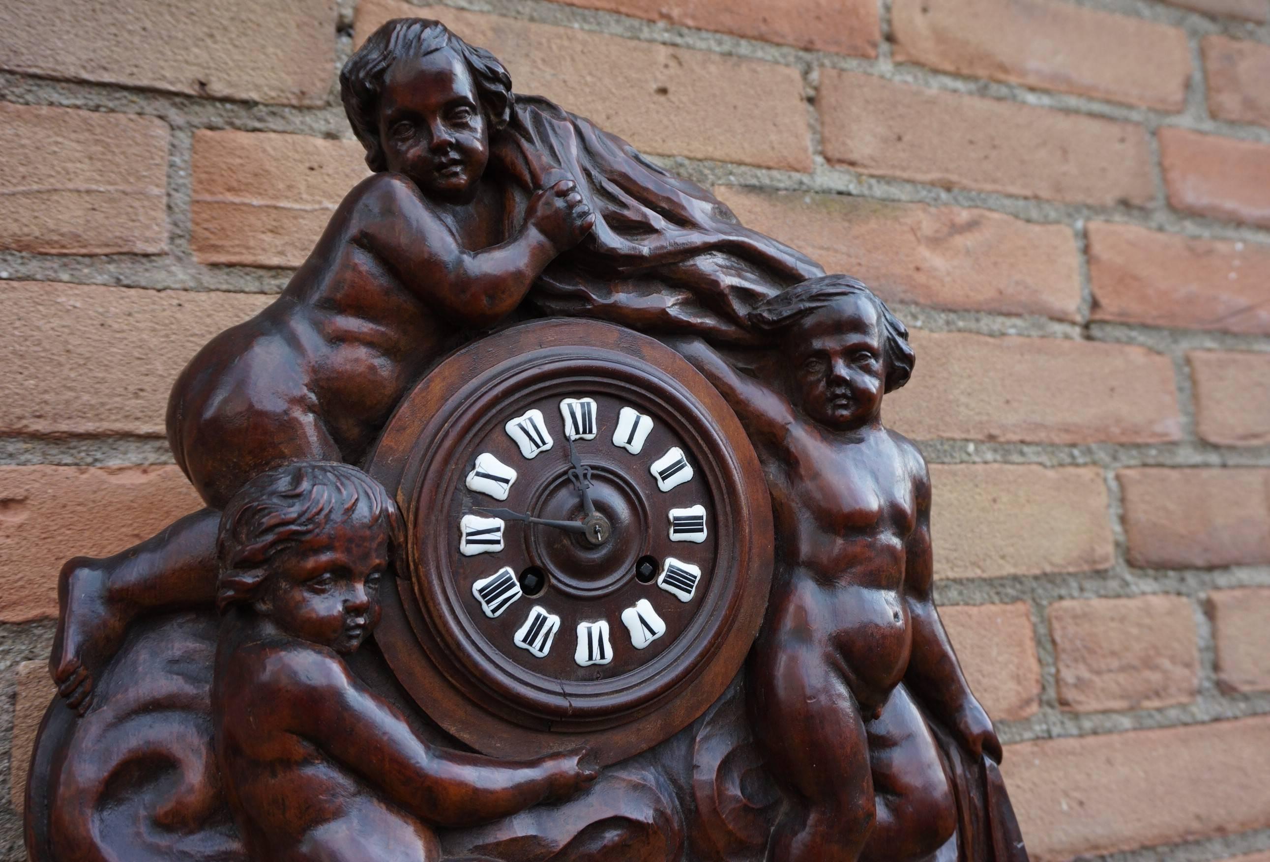 Antique Hand-Carved French Renaissance Revival Wall Clock W. Putto Sculptures 1