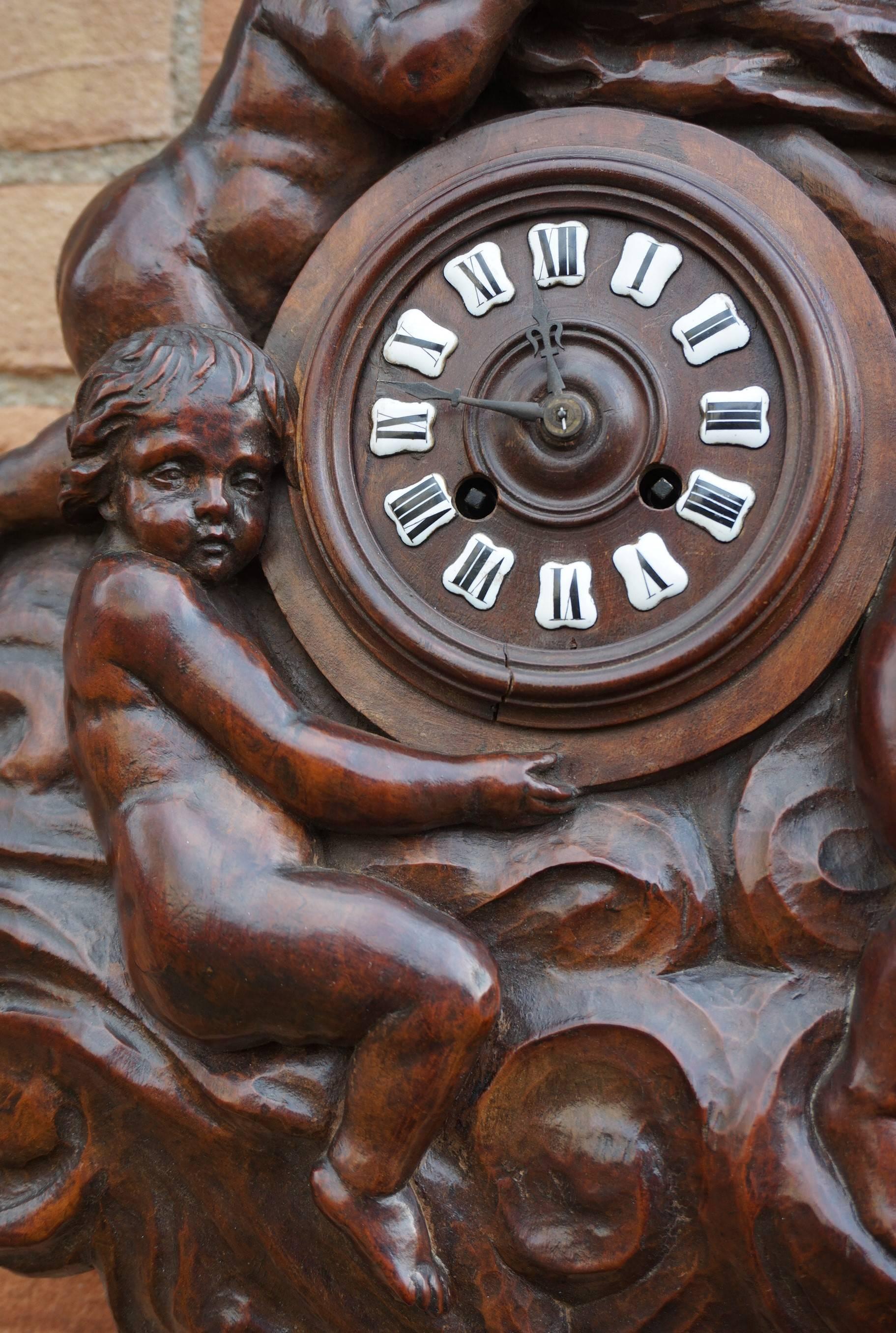 Antique Hand-Carved French Renaissance Revival Wall Clock W. Putto Sculptures 2