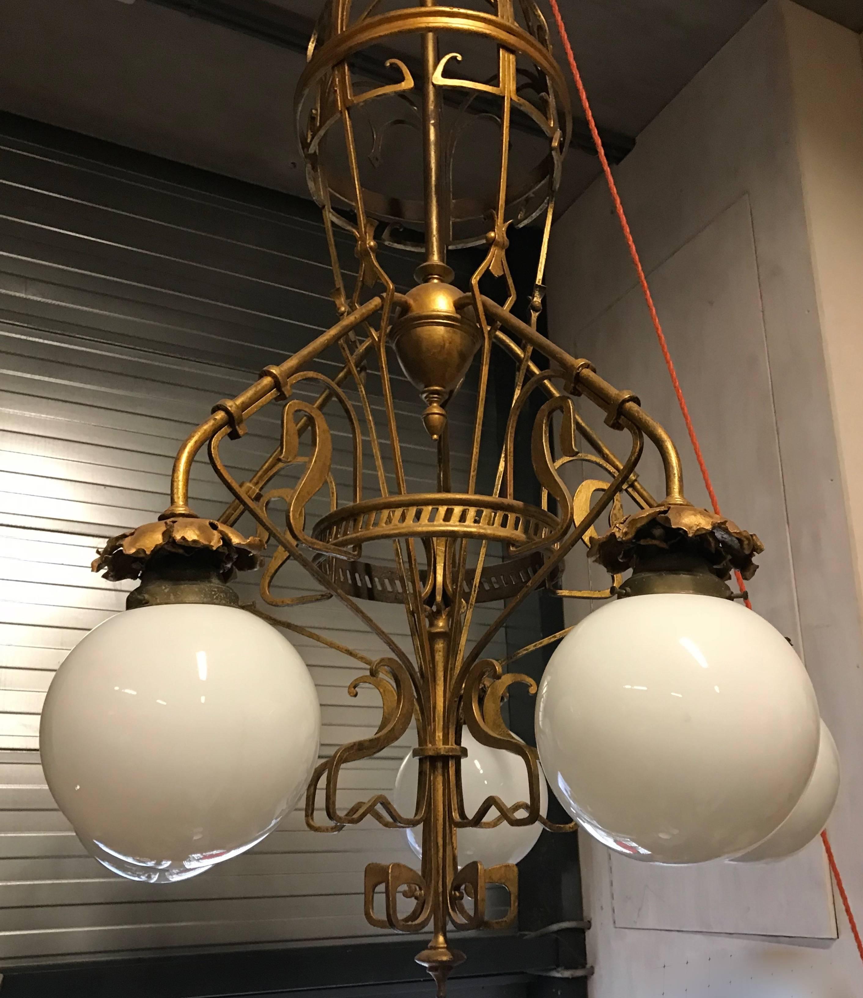 20th Century Large Art Nouveau Wrought Iron and Brass Chandelier Gustave Serrurier-Bovy Style