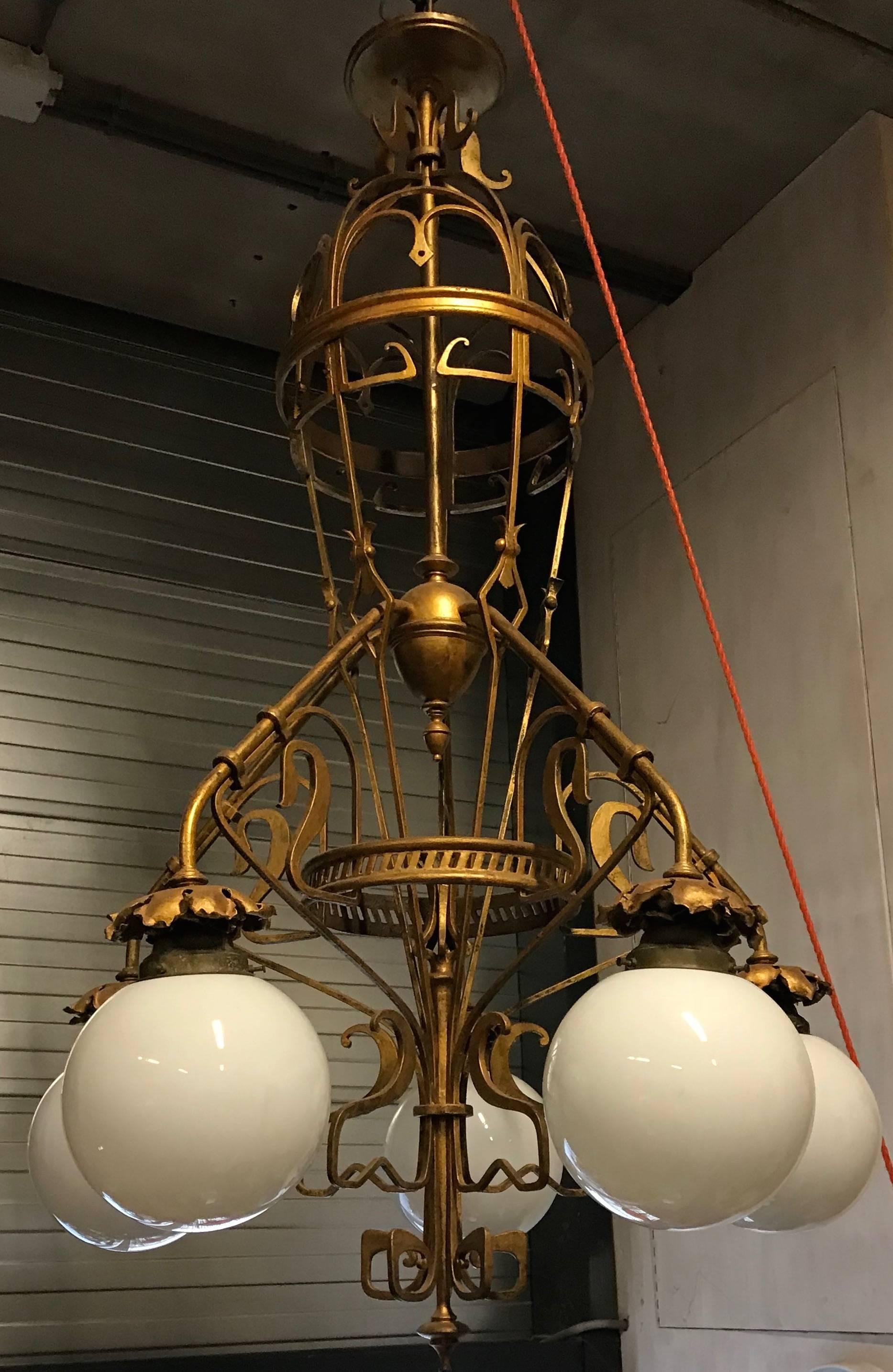 Very large and impressive, hand-forged chandelier.

For the collectors and enthousiasts of unique and handcrafted Art Nouveau light fixtures we also have this extra large pendant from circa 1890-1910. Both the design and execution of this (almost 5