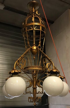 Large Art Nouveau Wrought Iron and Brass Chandelier Gustave Serrurier-Bovy Style