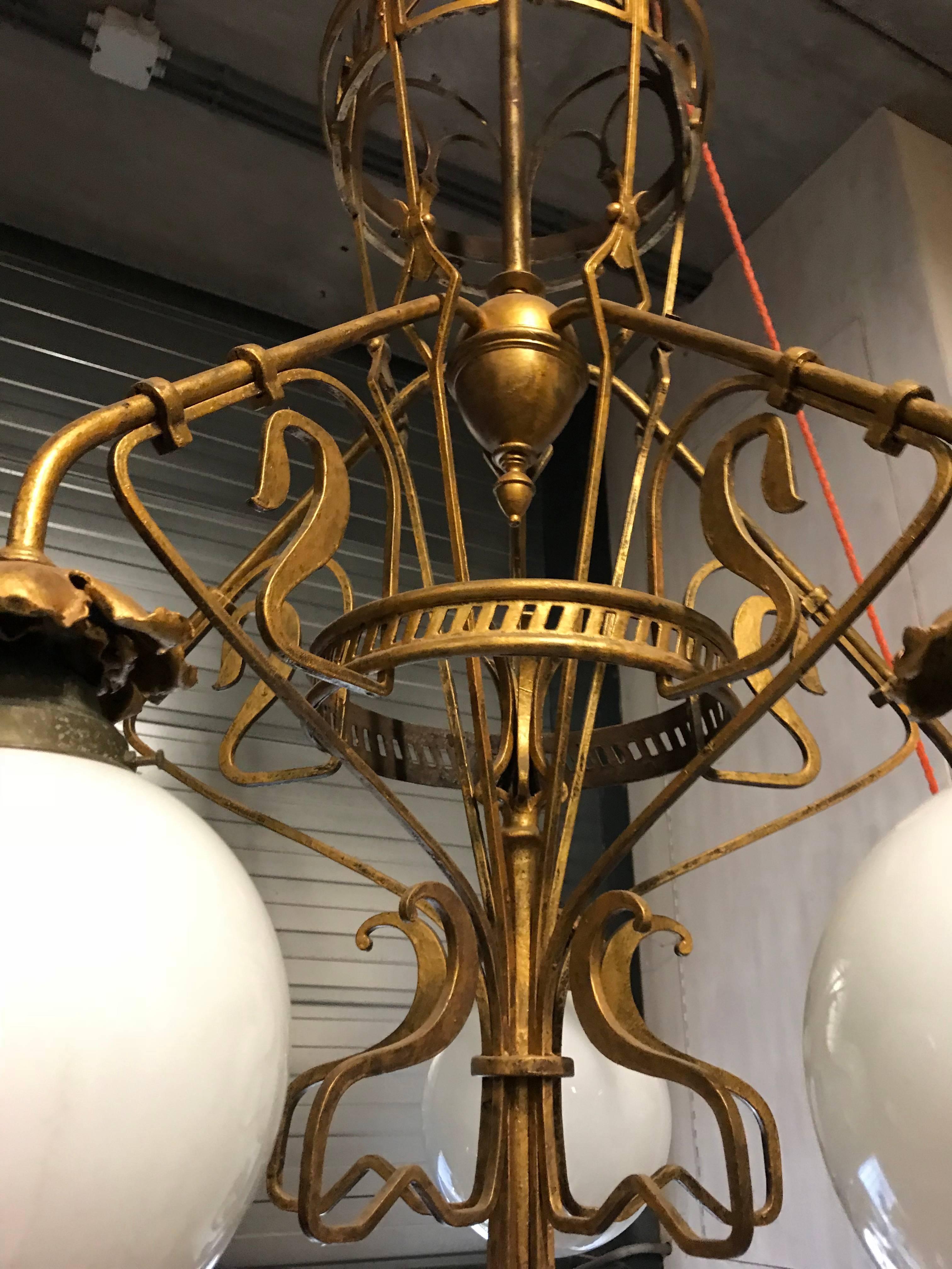 Arts and Crafts Large Art Nouveau Wrought Iron and Brass Chandelier Gustave Serrurier-Bovy Style