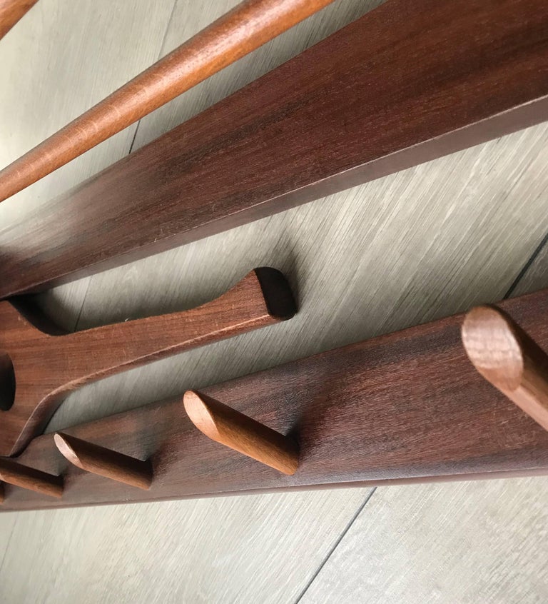 1950s Design MidCentury Modern Solid Teakwood Coat Rack with Hat Rack