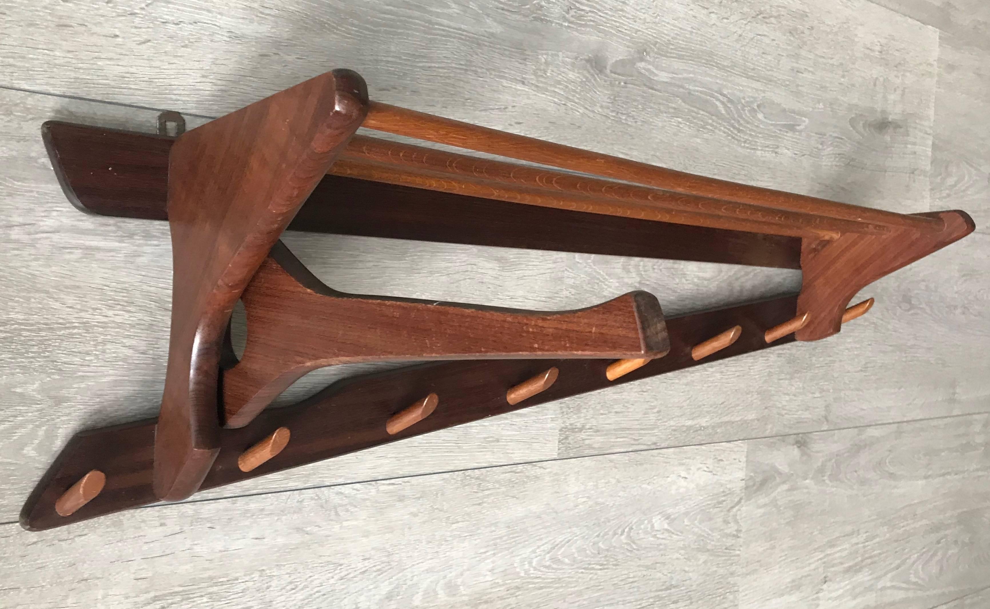 Hand-Crafted 1950s Design Mid-Century Modern Solid Teakwood Coat Rack with Hat Rack For Sale