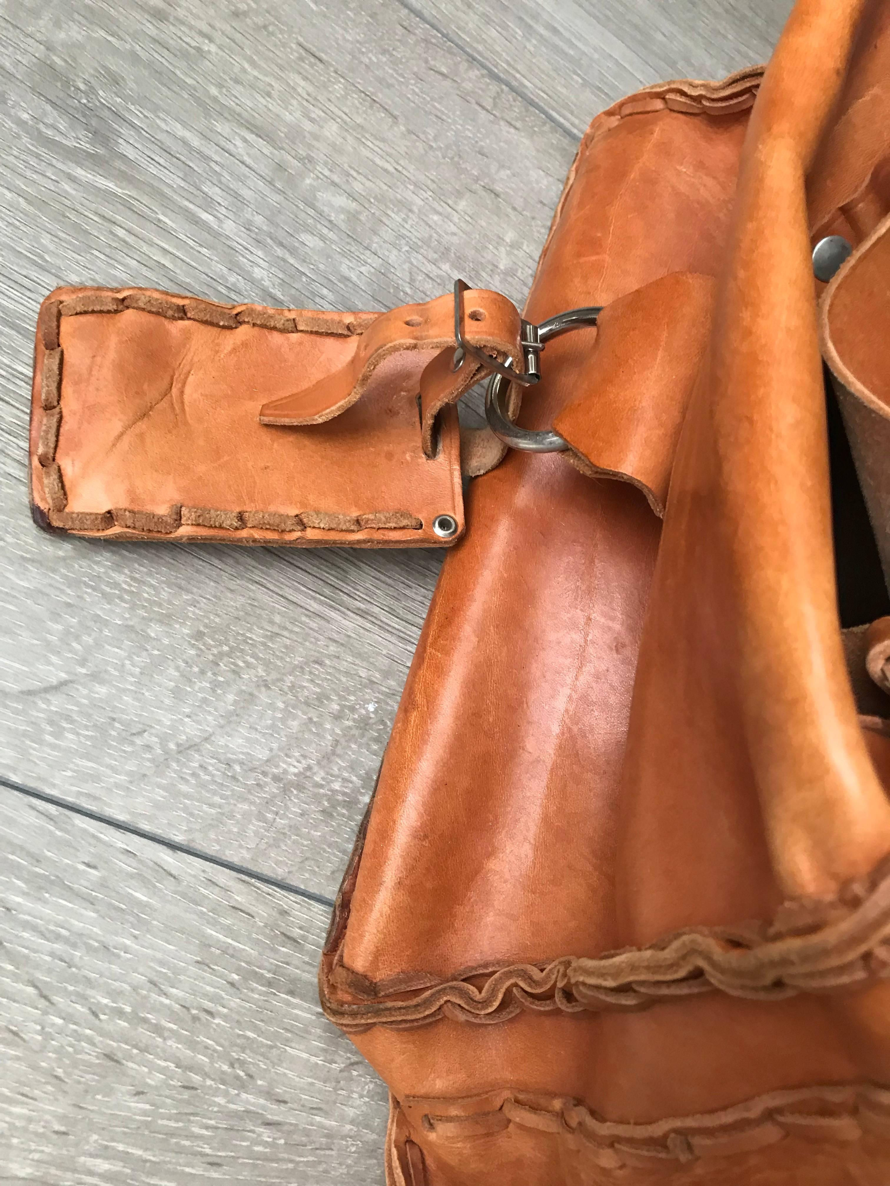 Hand-Crafted Vintage, Handy and Decorative Large Leather Travel Bag or Magazine Bag Stand For Sale