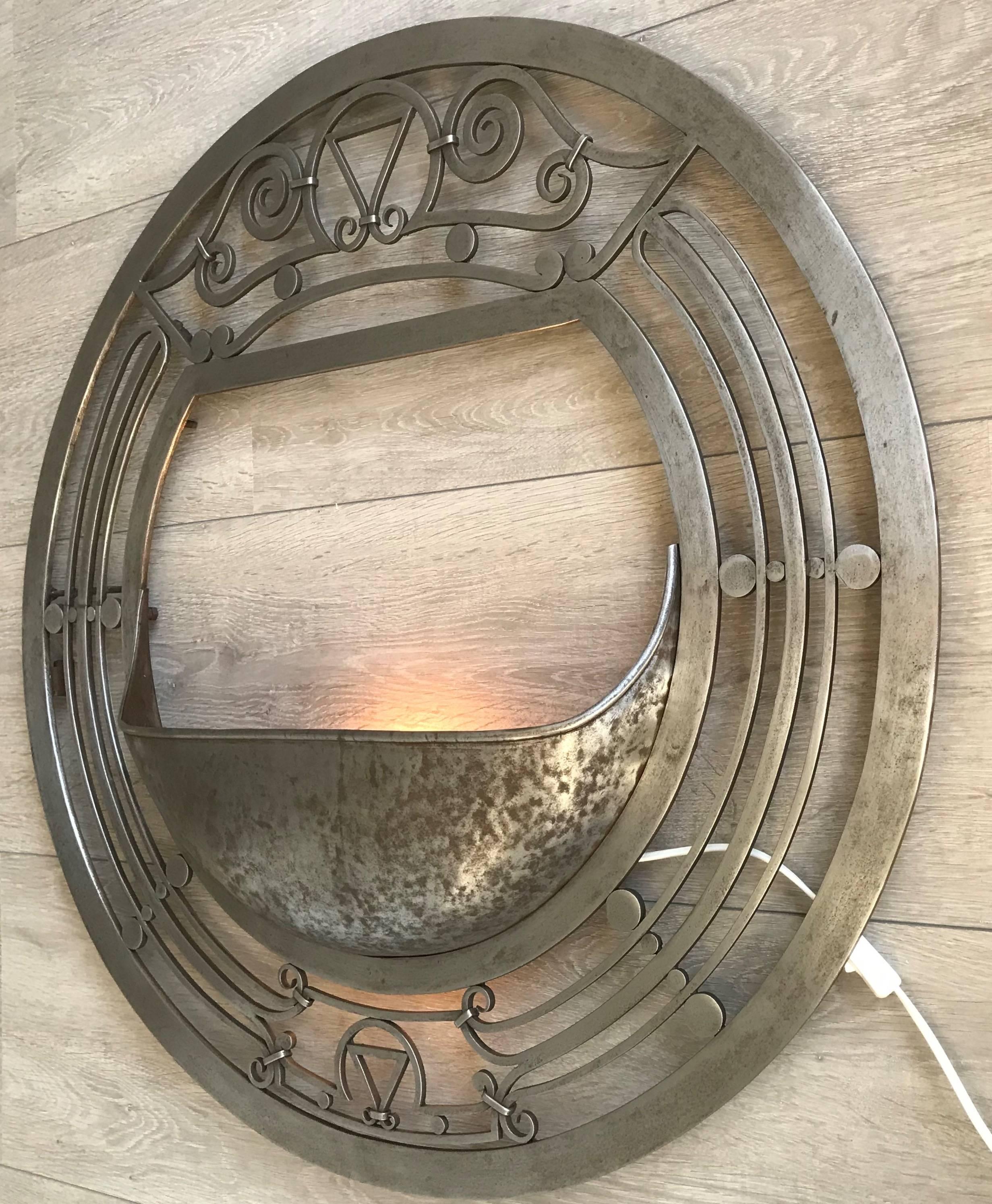 Forged Large Arts and Crafts Polished Wrought Iron Round Wall Sconce / Wall Light