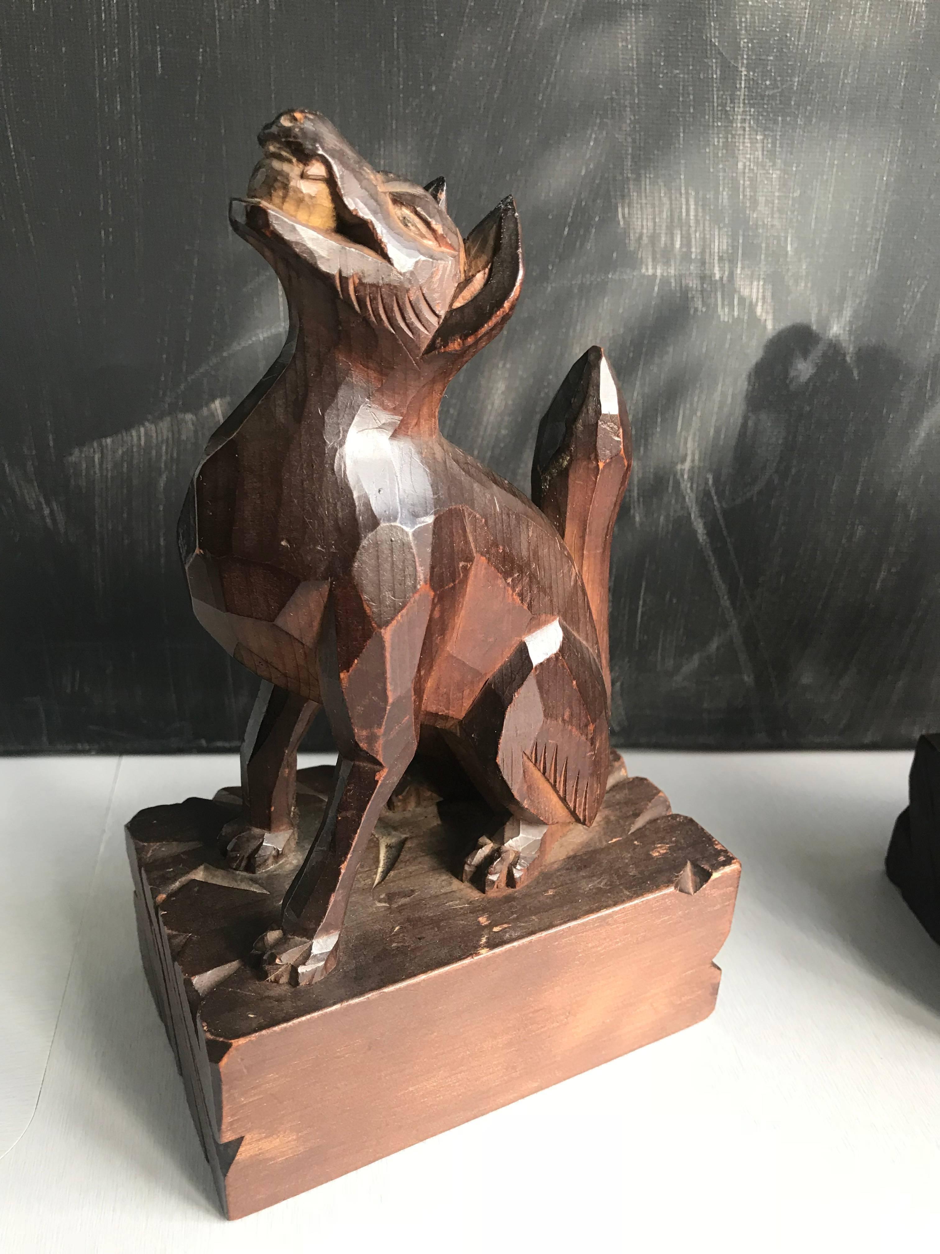 Fruitwood Early 1900 Hand-Carved and Stylized Dogs Playing Fetch Sculptures, Pair Bookends For Sale